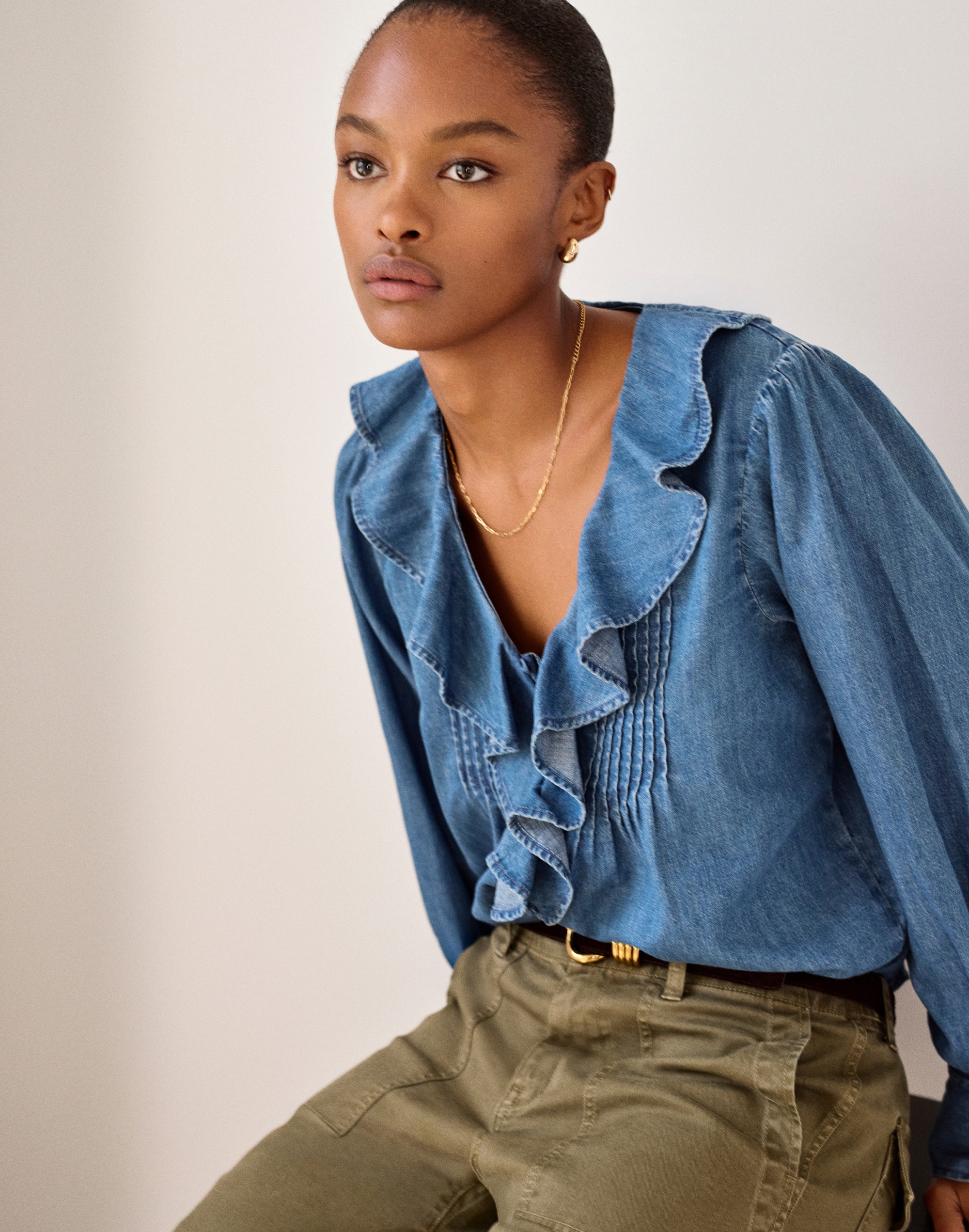 Denim Ruffled Pintuck Top