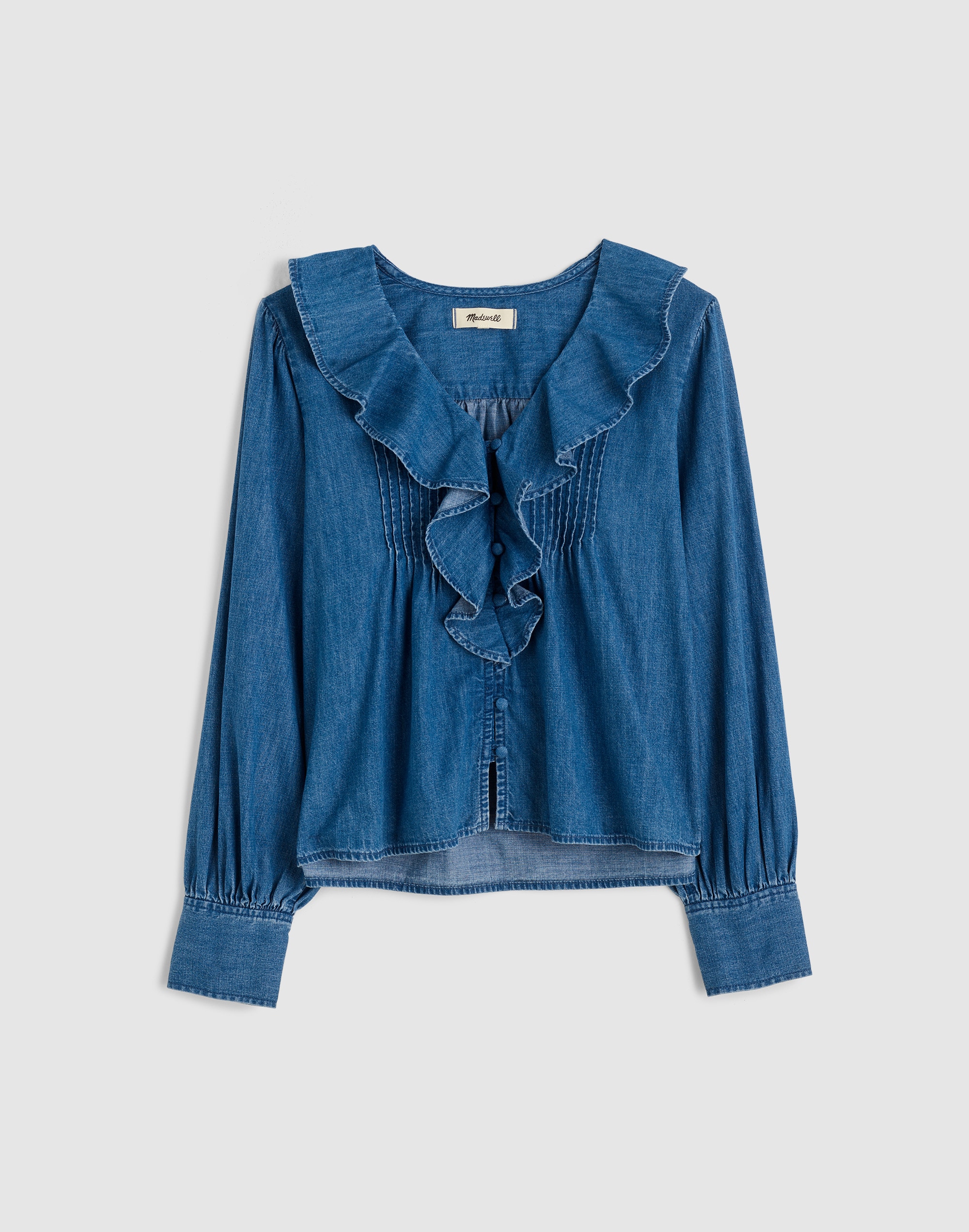 Denim Ruffled Pintuck Top