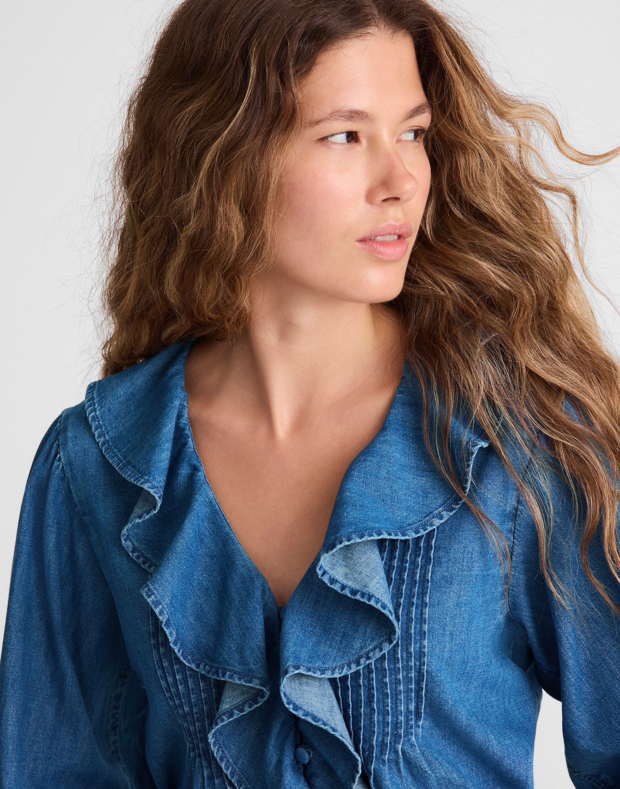 denim ruffled pintuck top