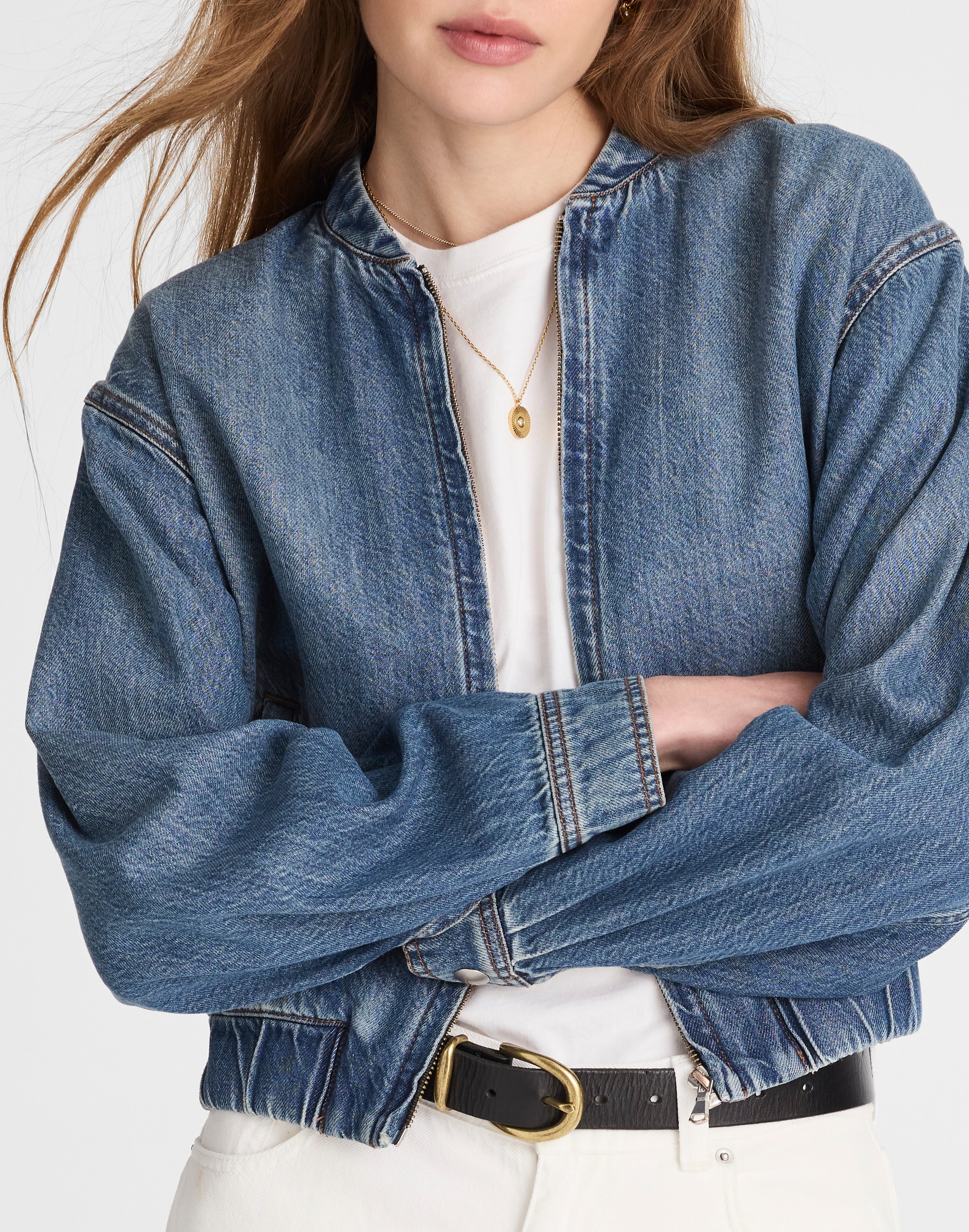 Zip-Up Bomber Jacket in Airy Denim