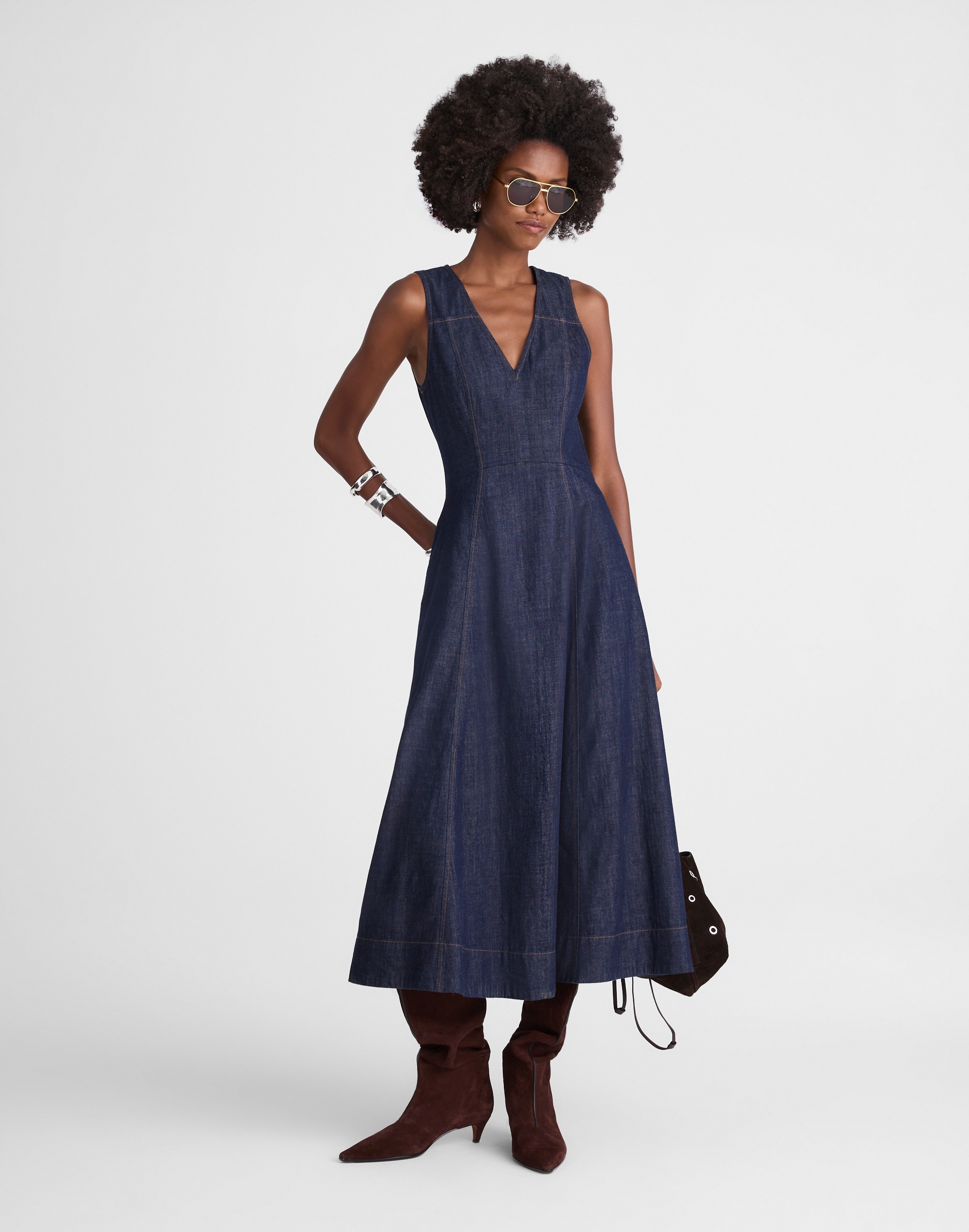 Denim V-Neck Circle Midi Dress