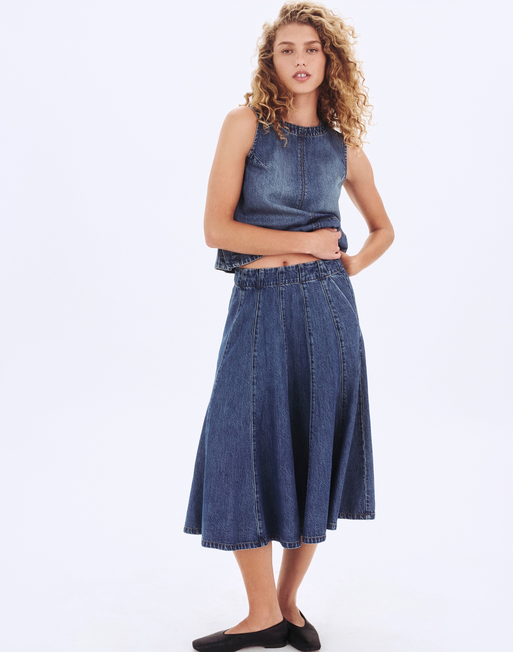 Flared Denim Midi Skirt: Airy Denim Edition