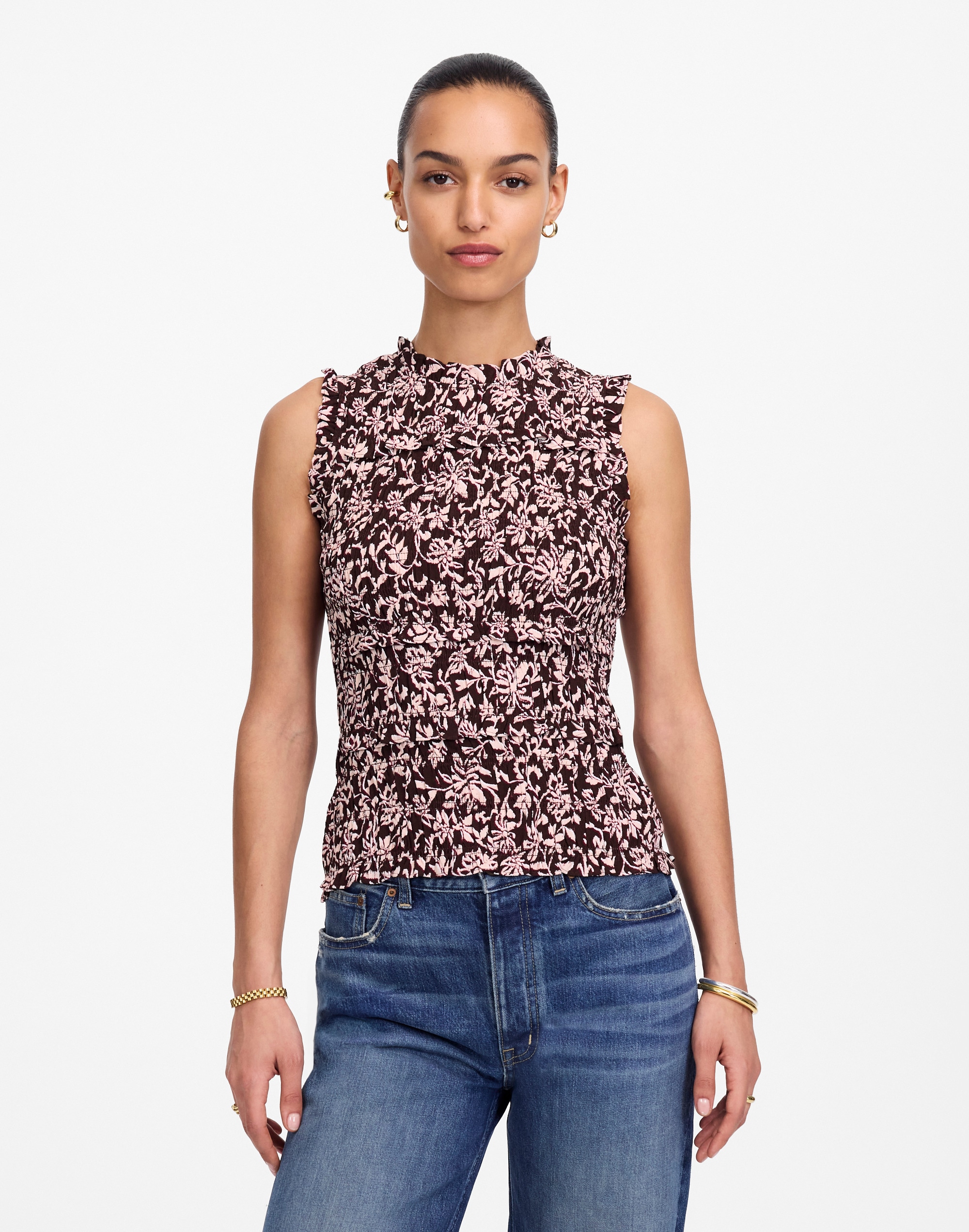 ruffled smocked top in floral