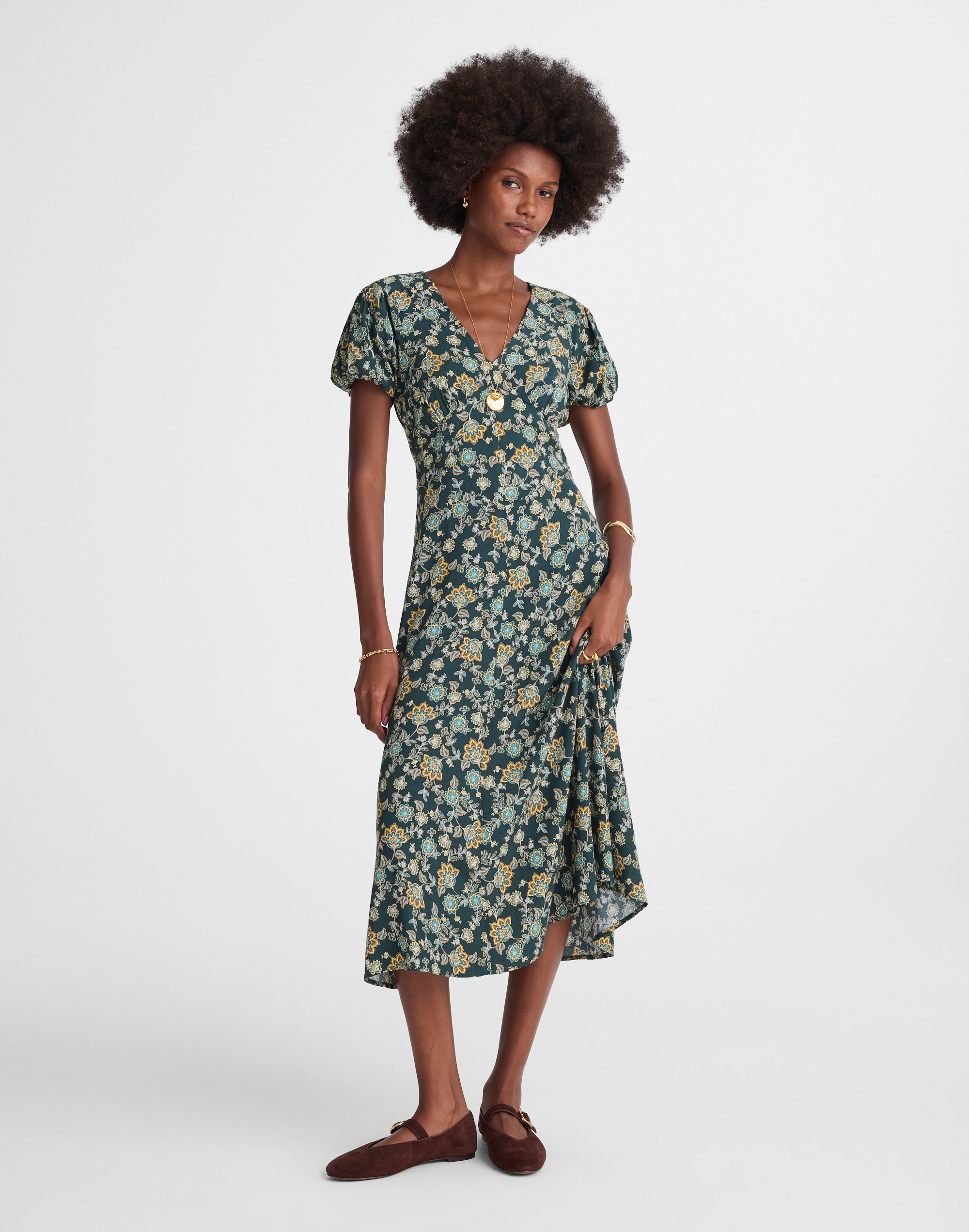 seamed puff-sleeve midi dress in floral
