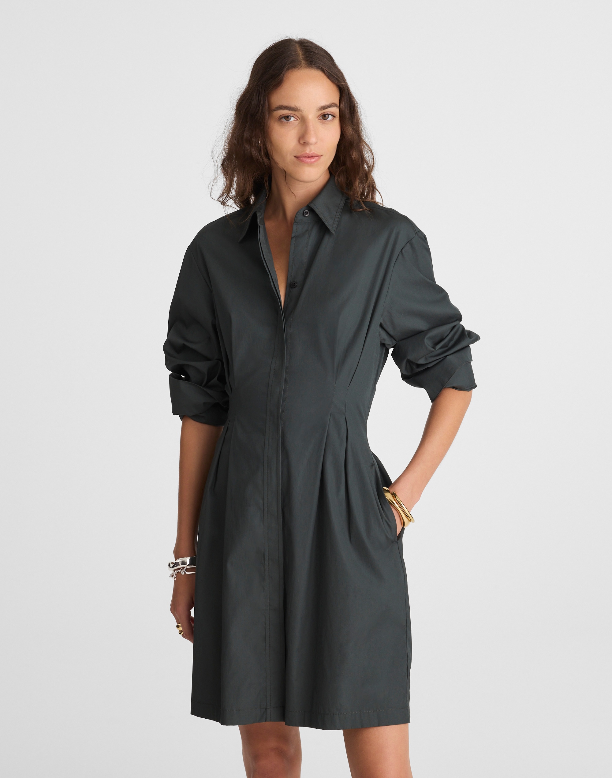 Poplin Tucked Mini Shirtdress