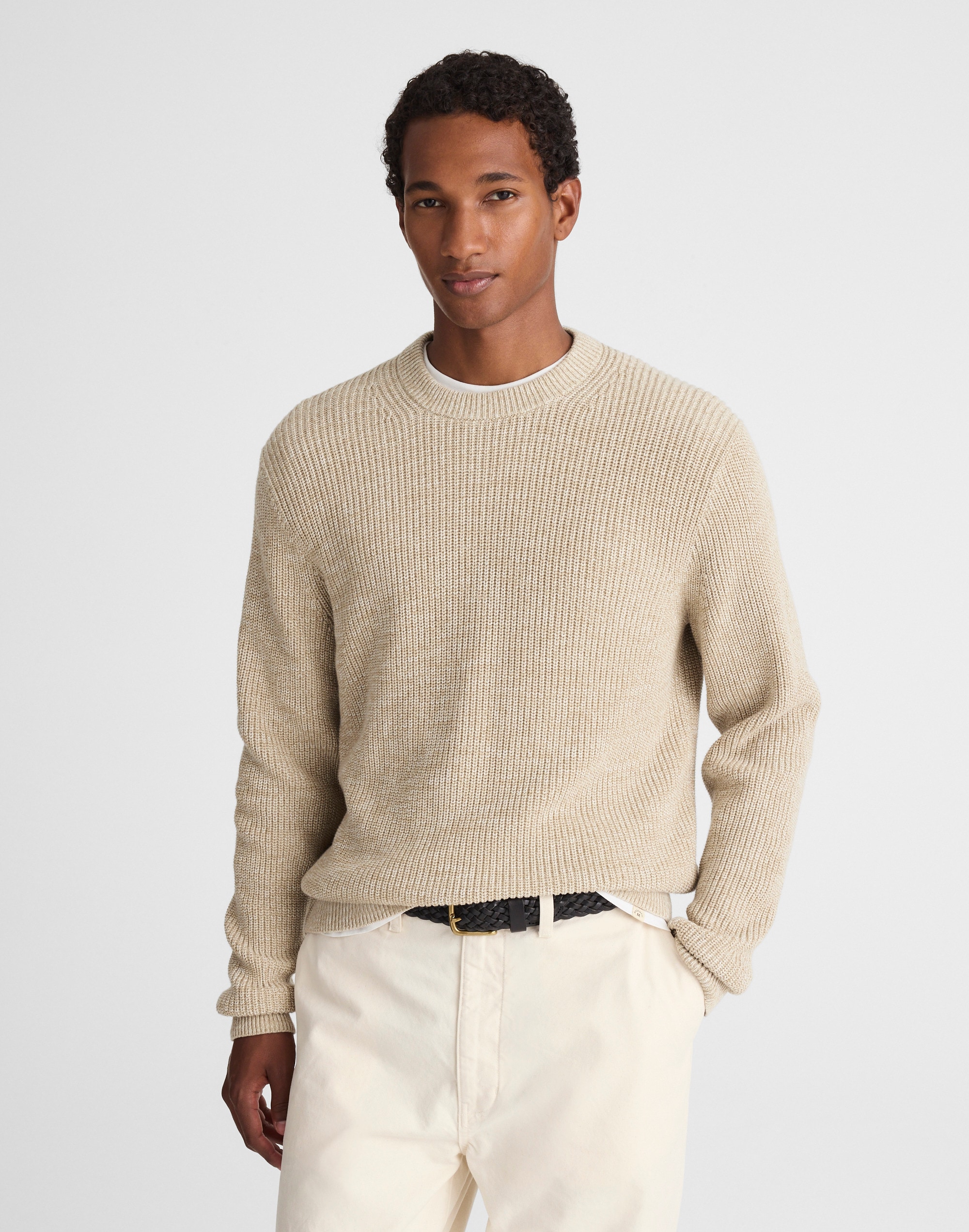 Cotton Shaker-Stitch Crewneck Sweater