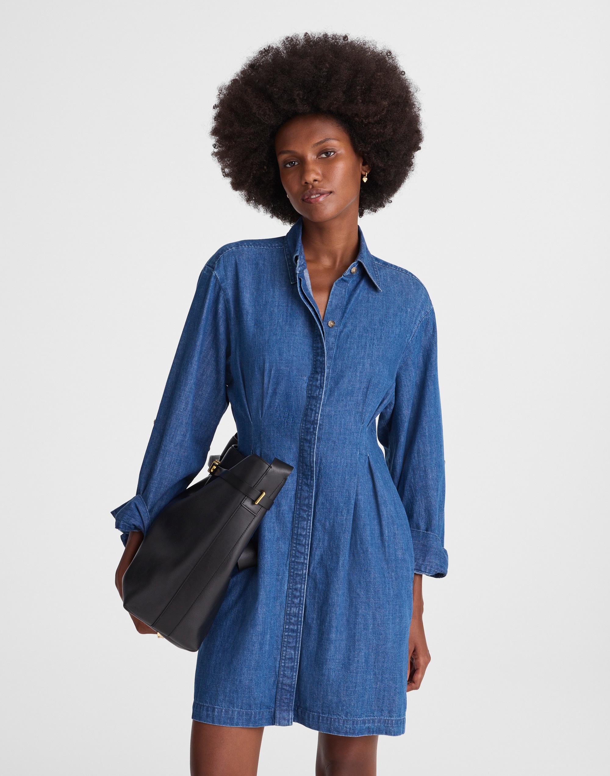 denim pleated mini shirtdress