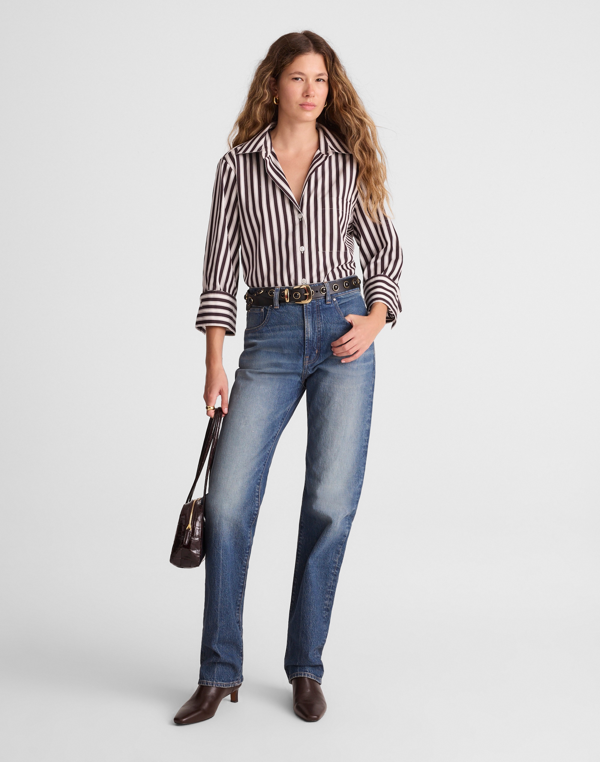 Easy Y-Neck Button-Up Shirt in Poplin Alternate Image 1