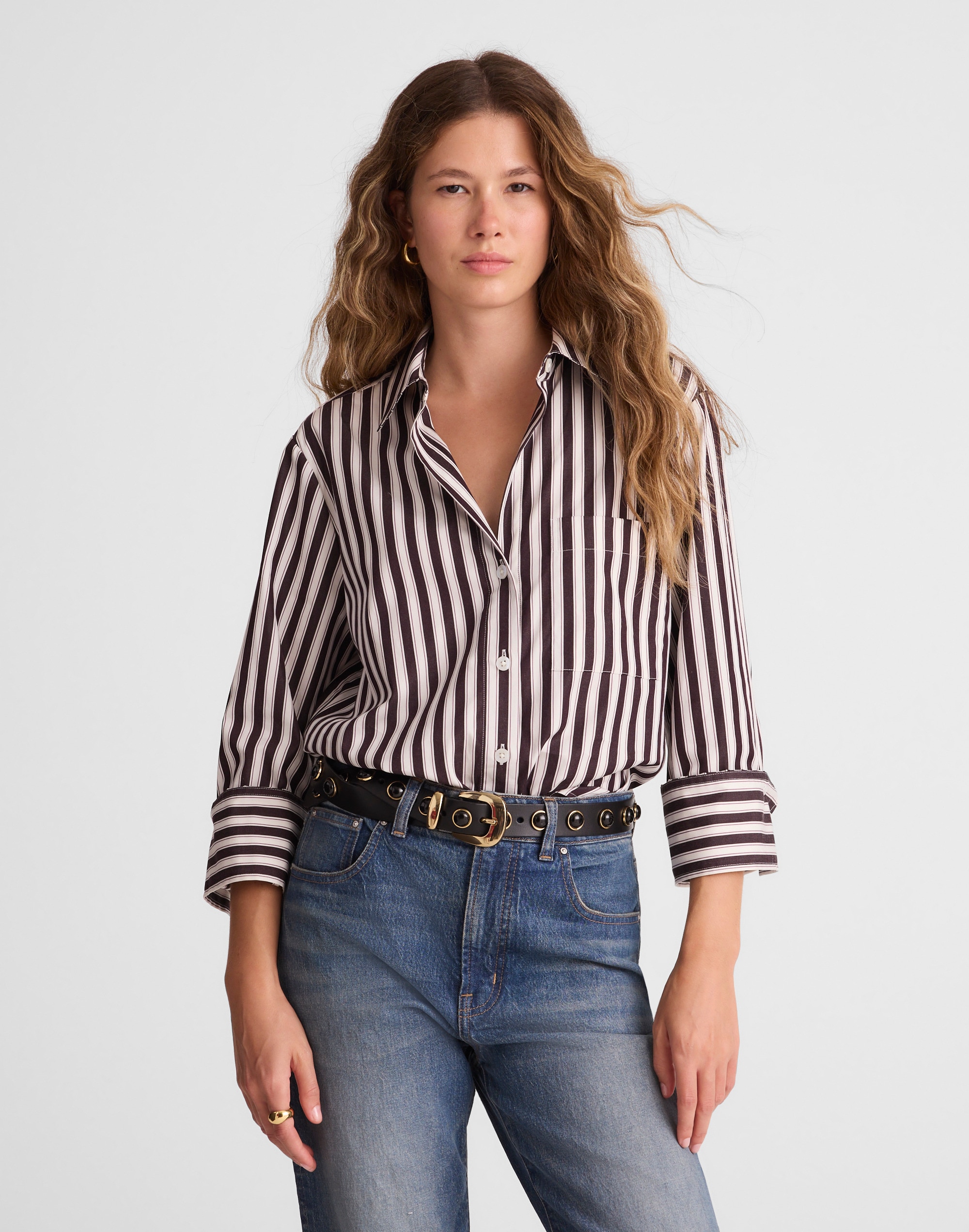 Easy Y-Neck Button-Up Shirt in Poplin