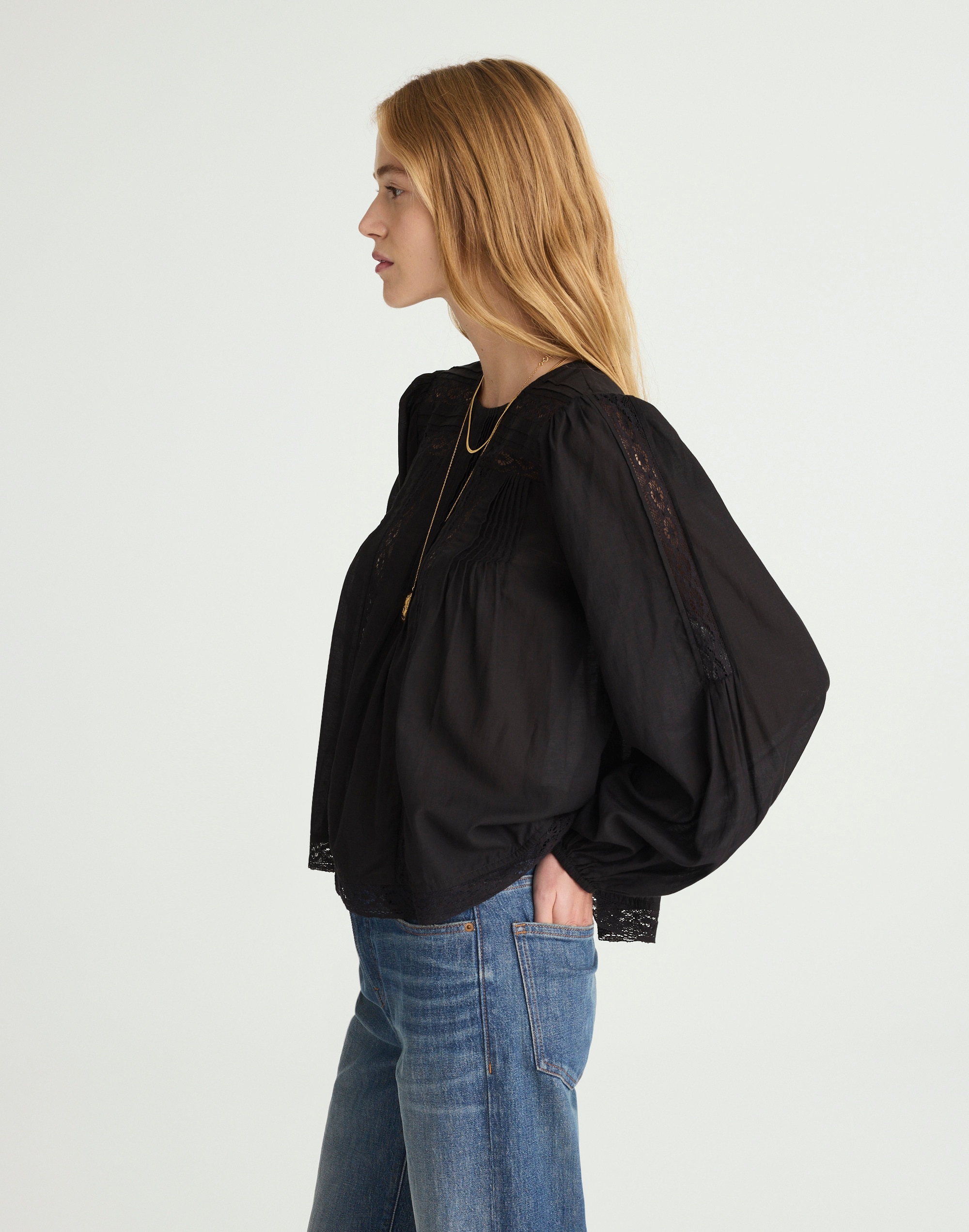 Lace-Insert Pintucked Long-Sleeve Top