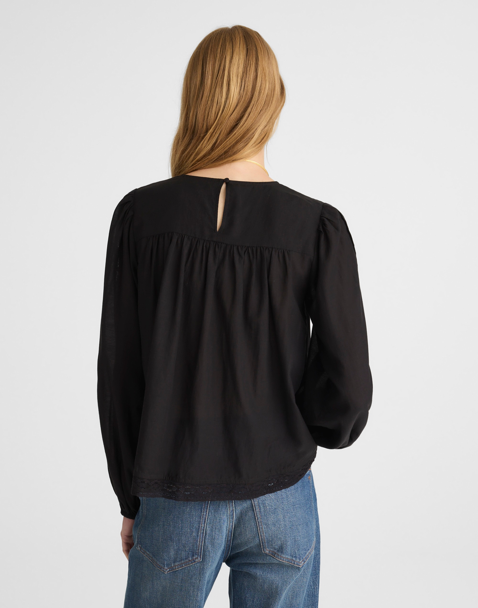 Lace-Insert Pintucked Long-Sleeve Top