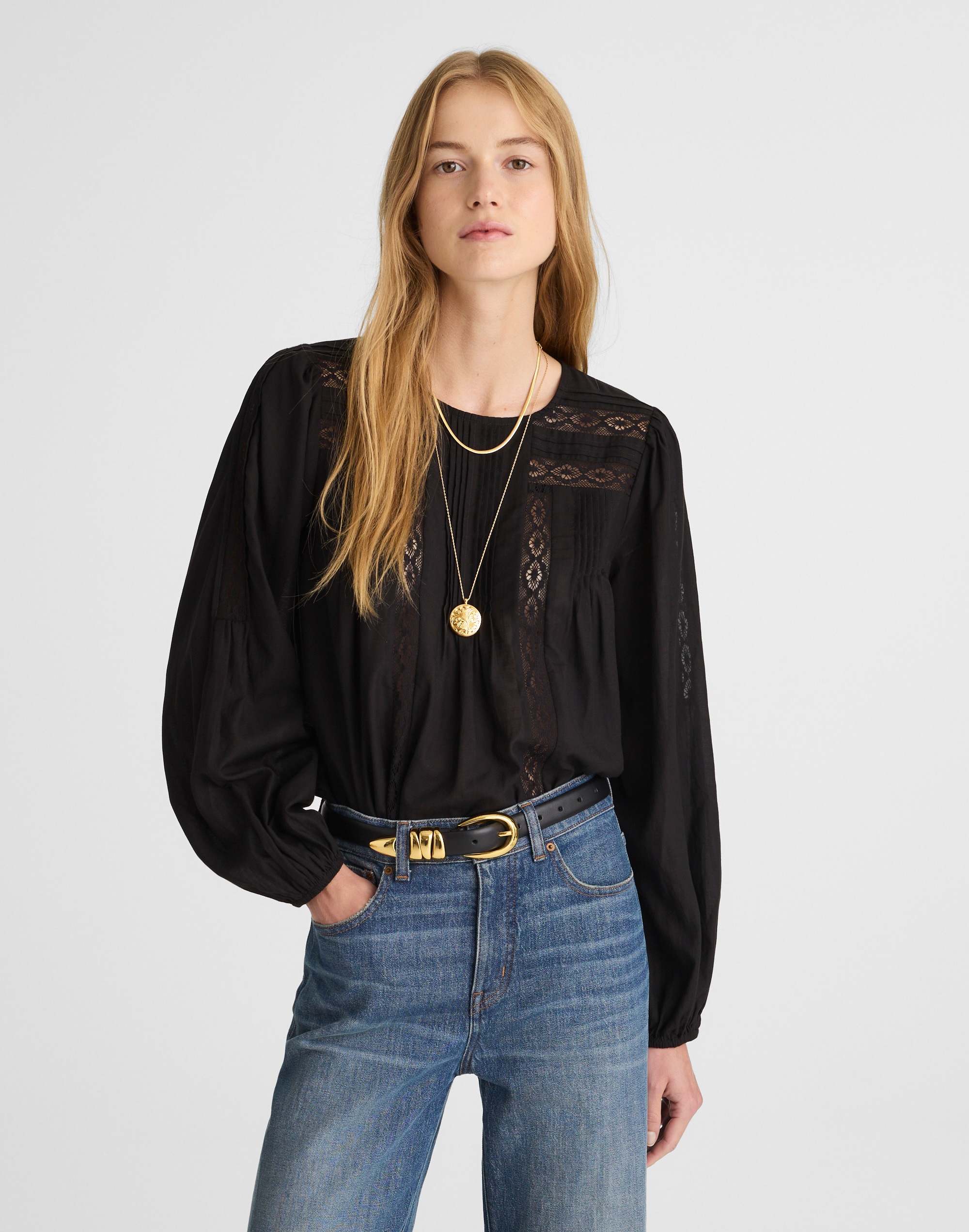 lace-insert pintucked long-sleeve top