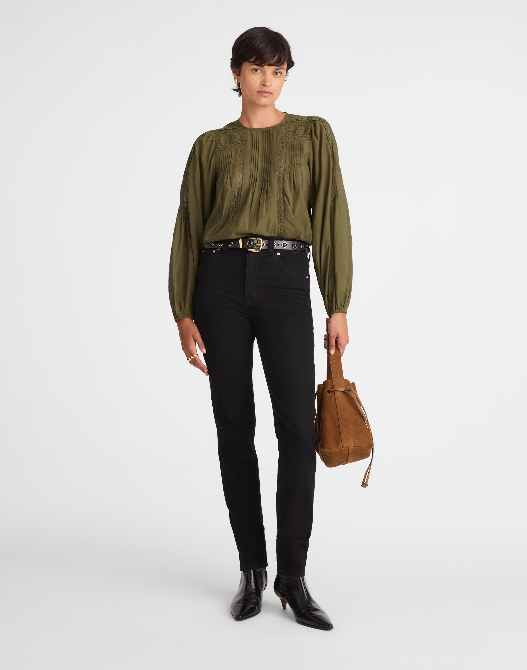 Lace-Insert Pintucked Long-Sleeve Top