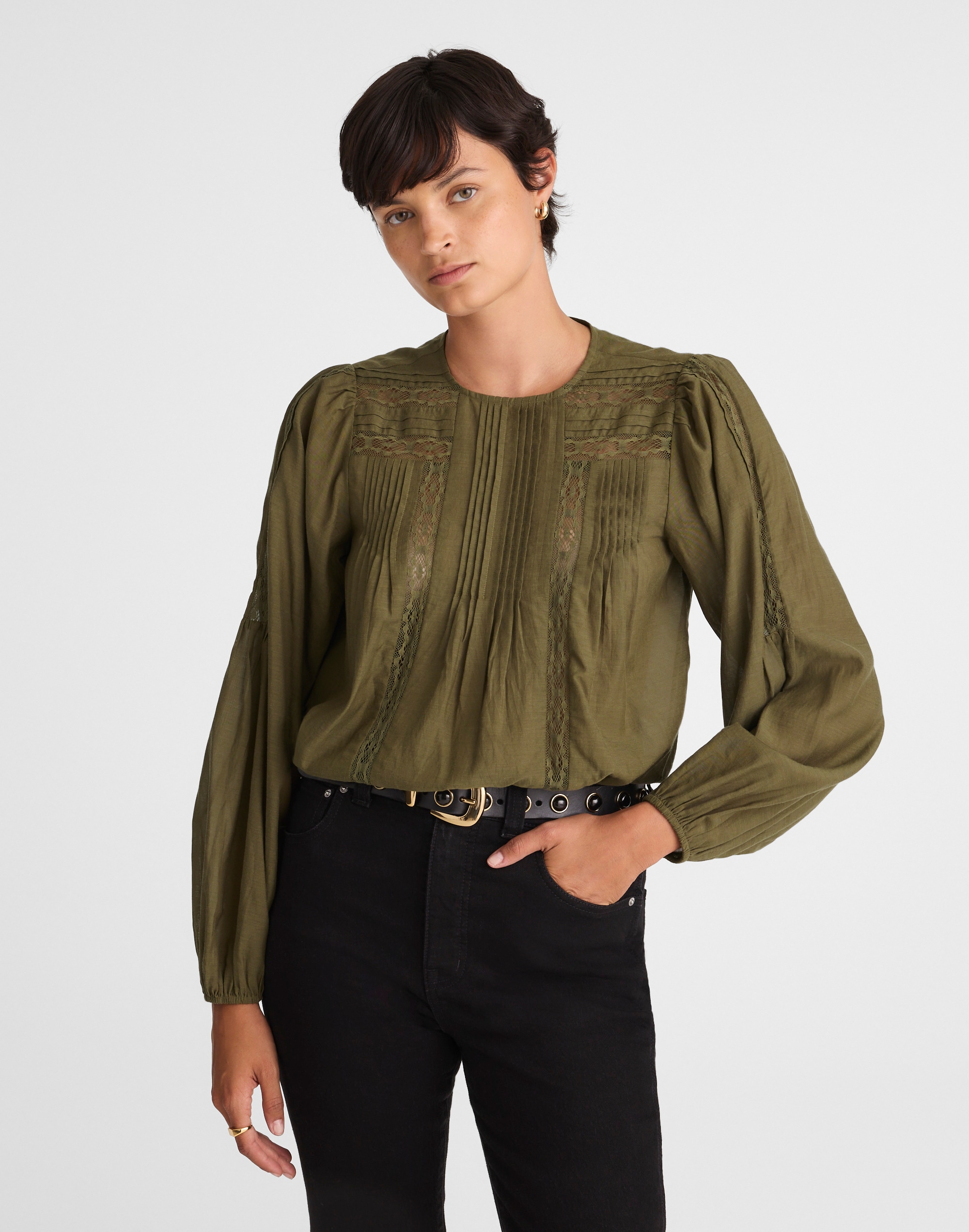 lace-insert pintucked long-sleeve top