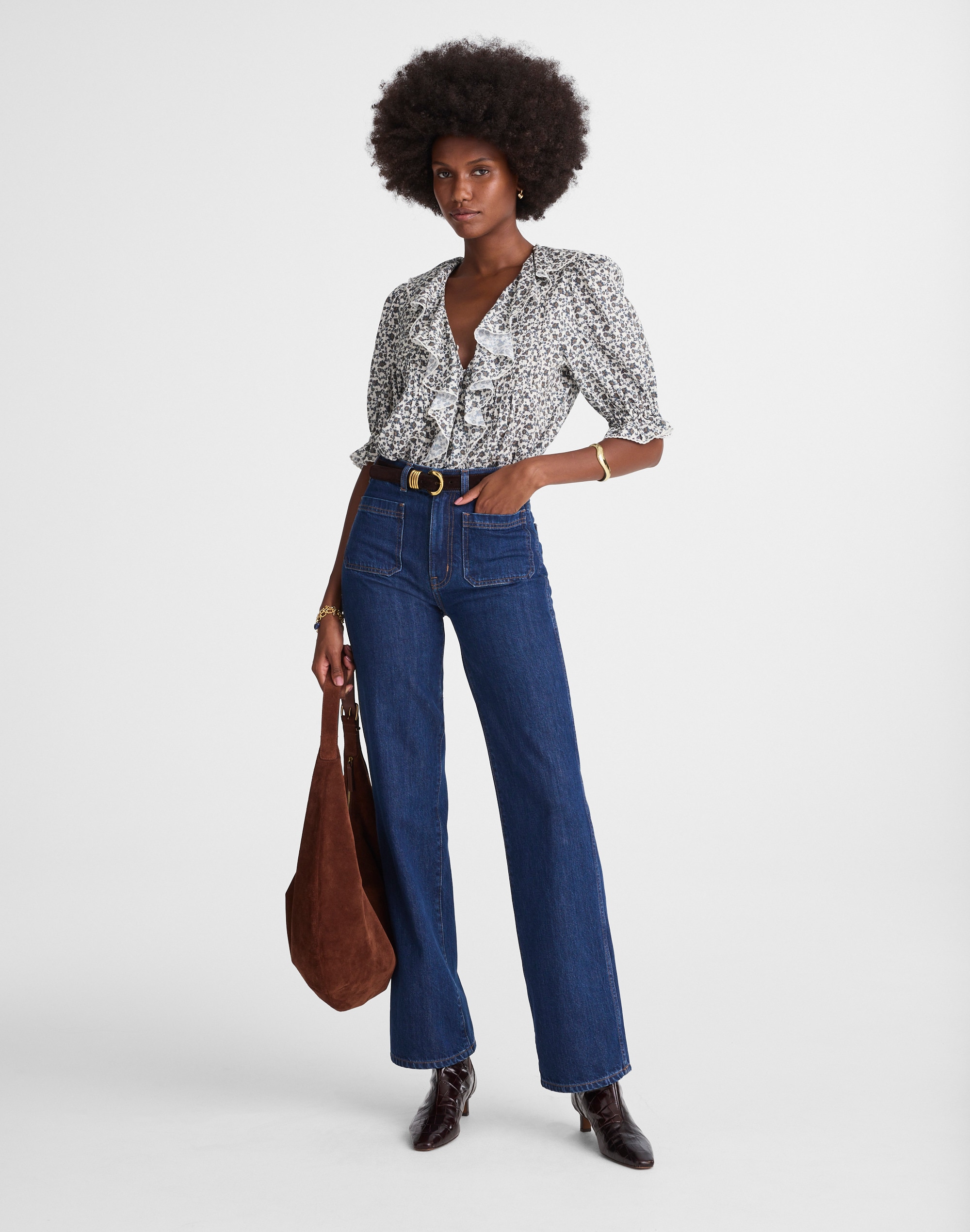 Ruffled Pintuck Puff-Sleeve Top