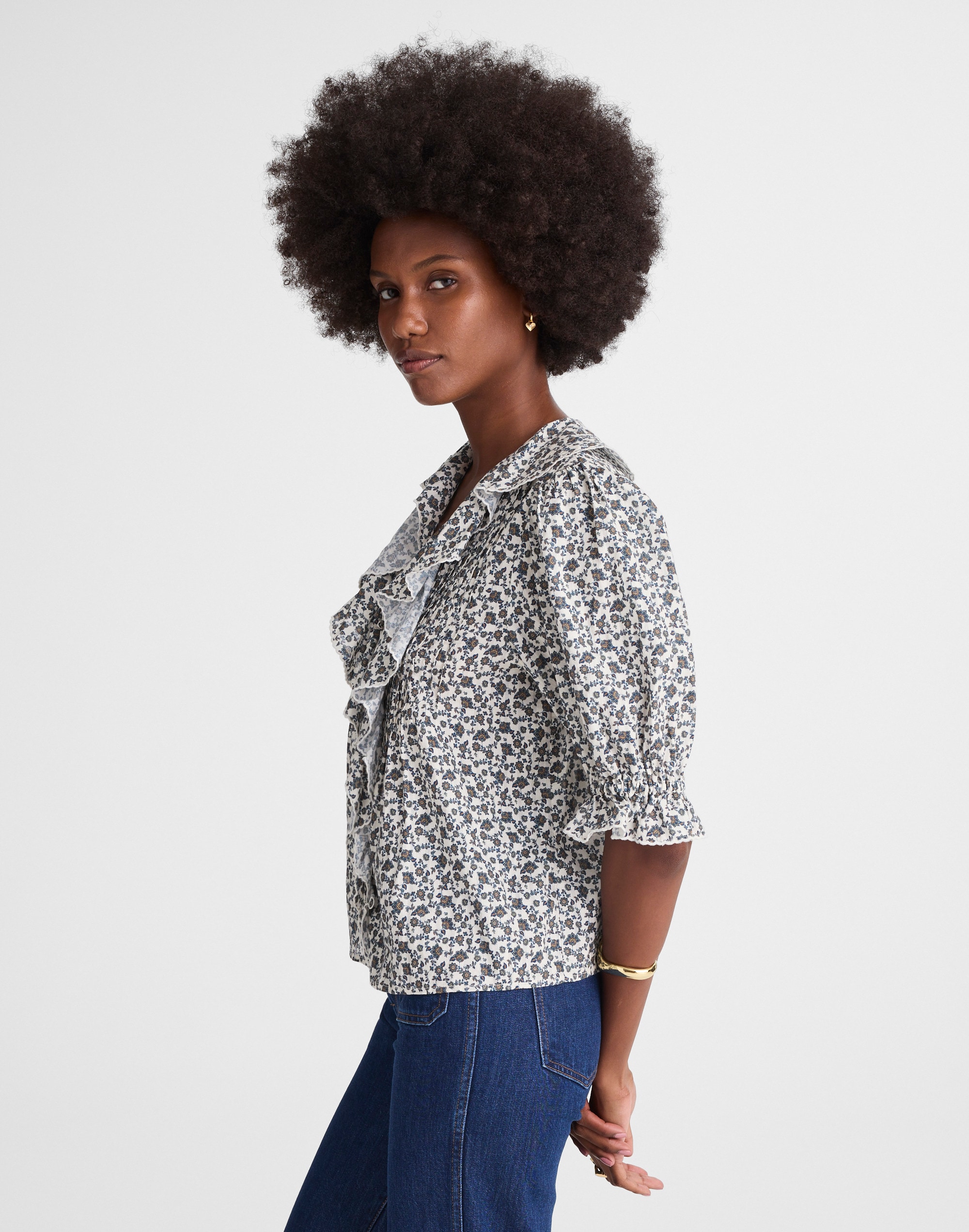 Ruffled Pintuck Puff-Sleeve Top