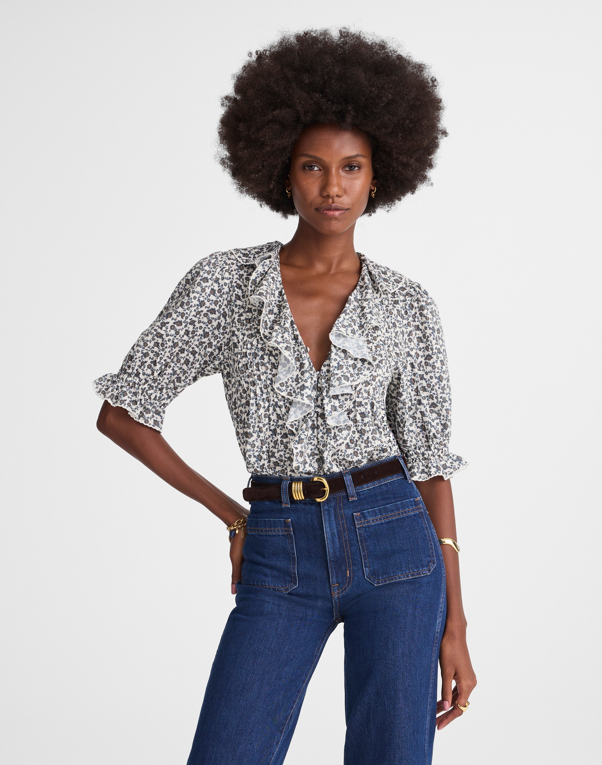 Ruffled Pintuck Puff-Sleeve Top