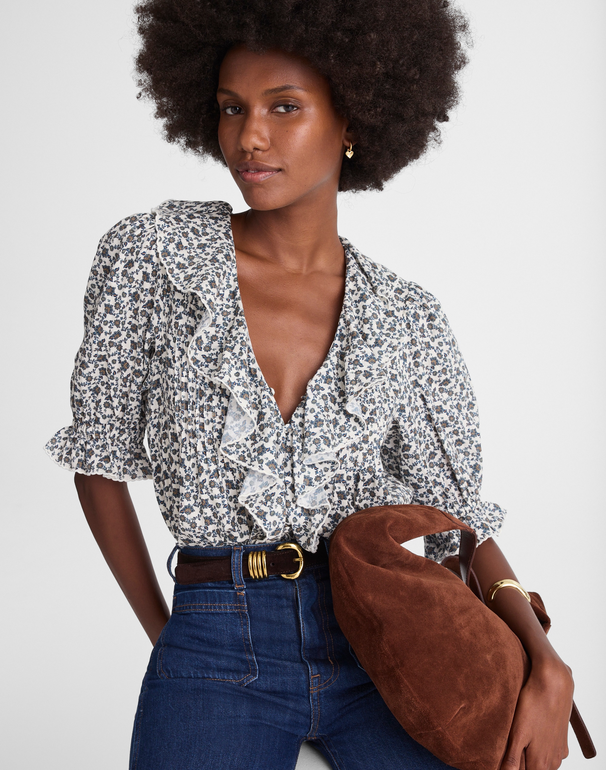 ruffled pintuck puff-sleeve top