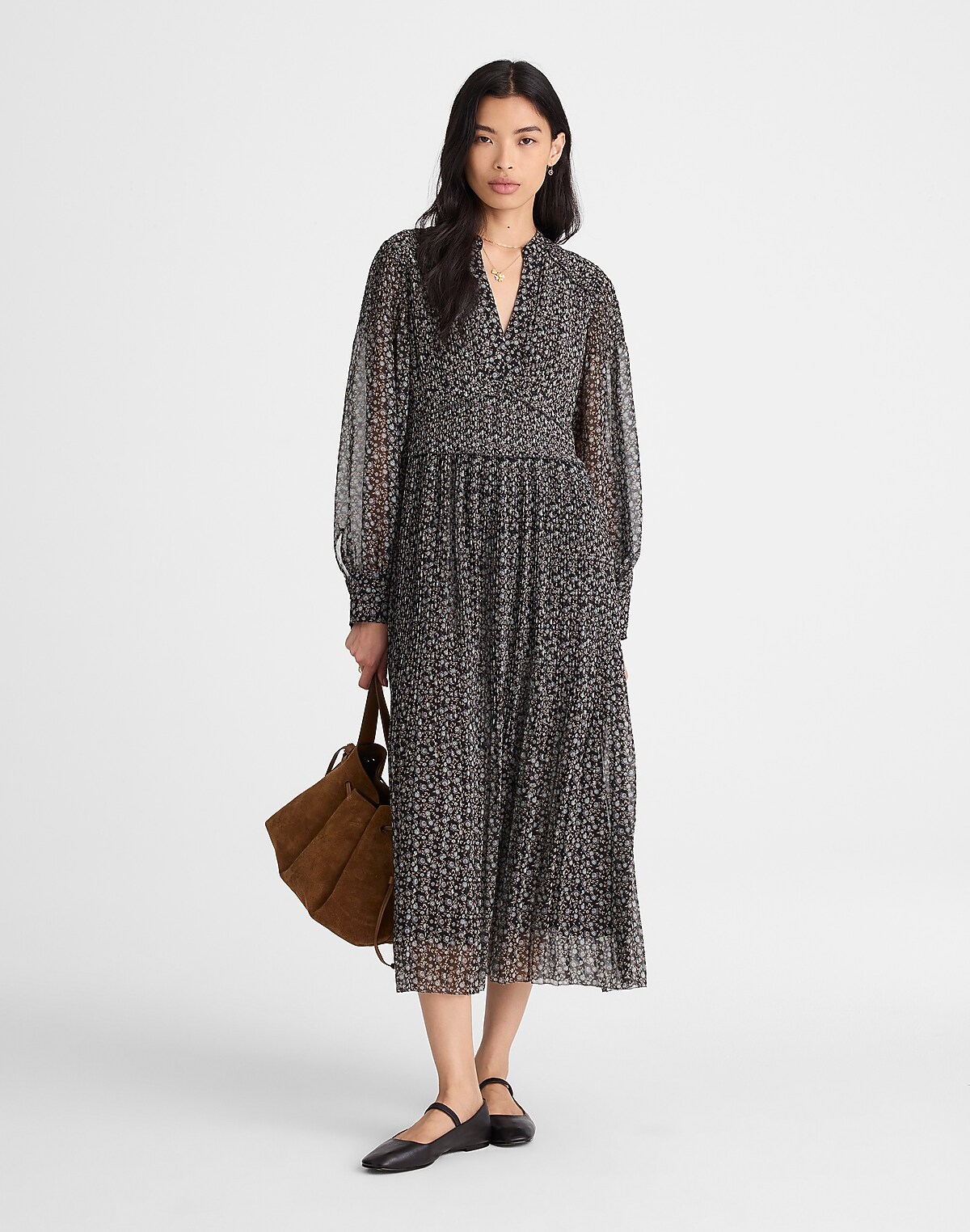 Pleated Puff-Sleeve Maxi Dress in Floral