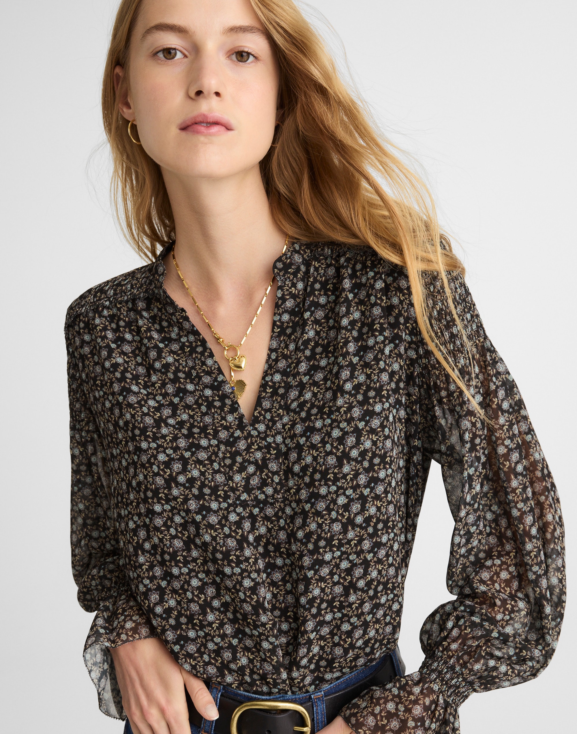 Semi-Sheer Split-Neck Top