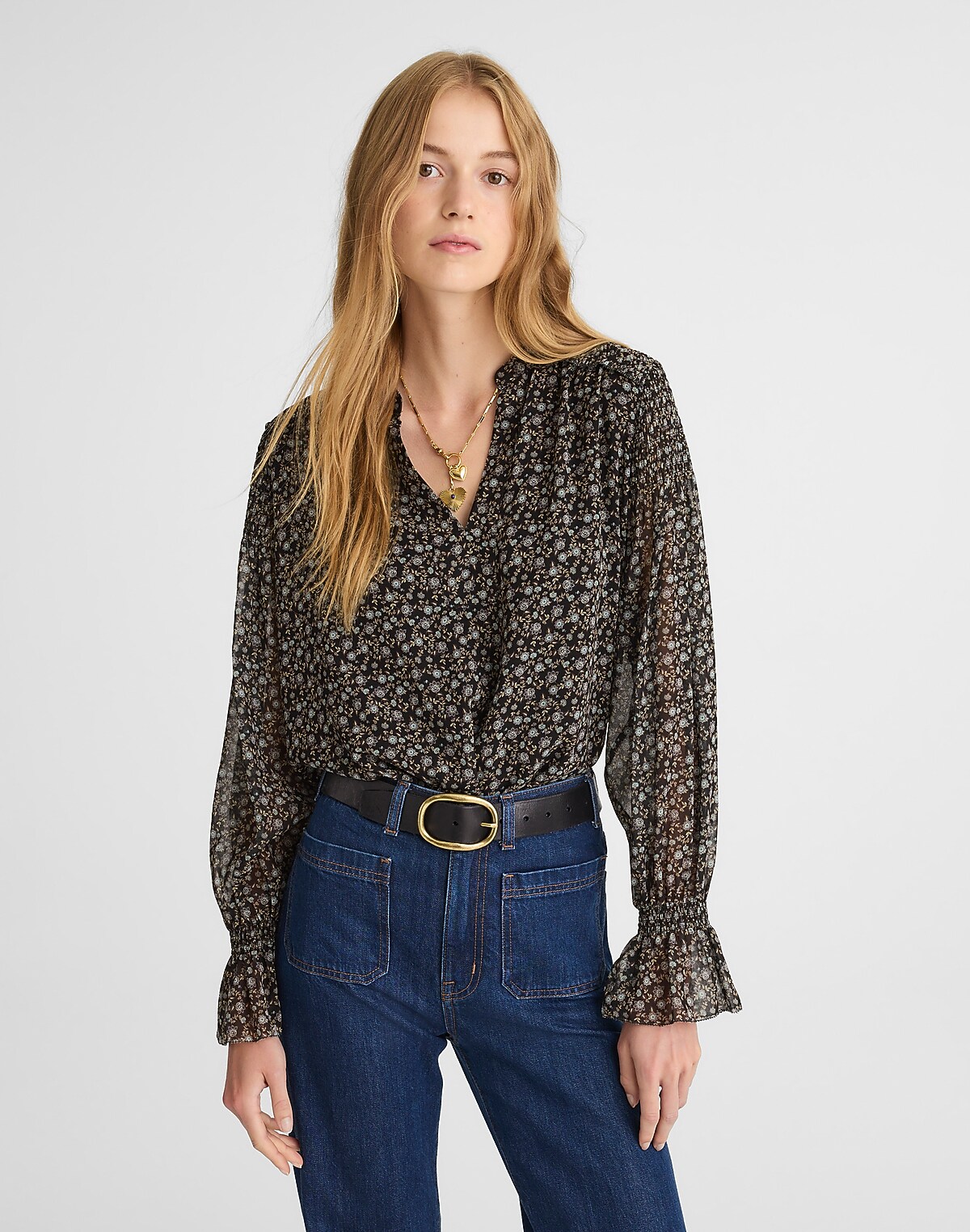 Semi-Sheer Split-Neck Top