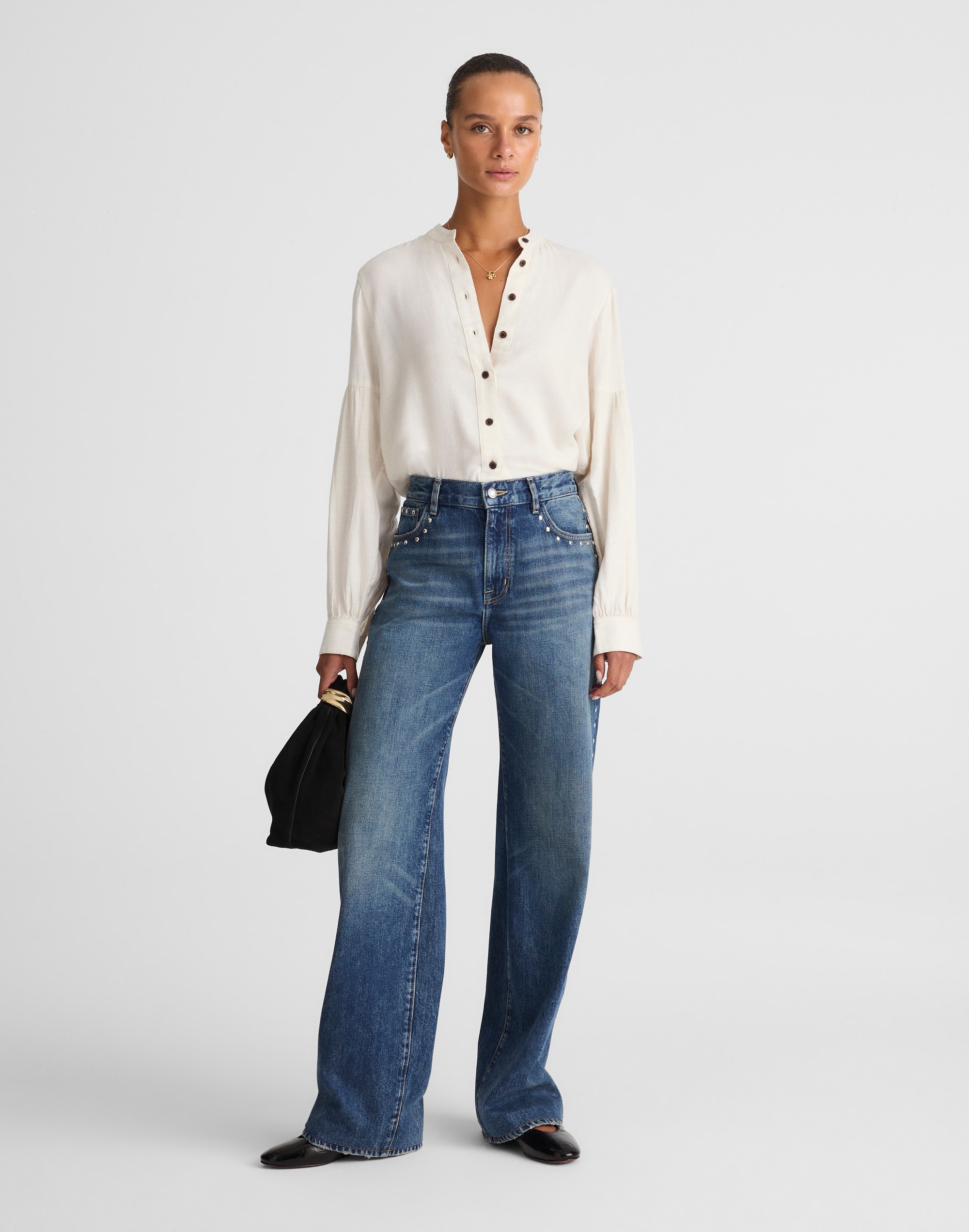 Stand-Collar Button-Up Shirt in Flannel