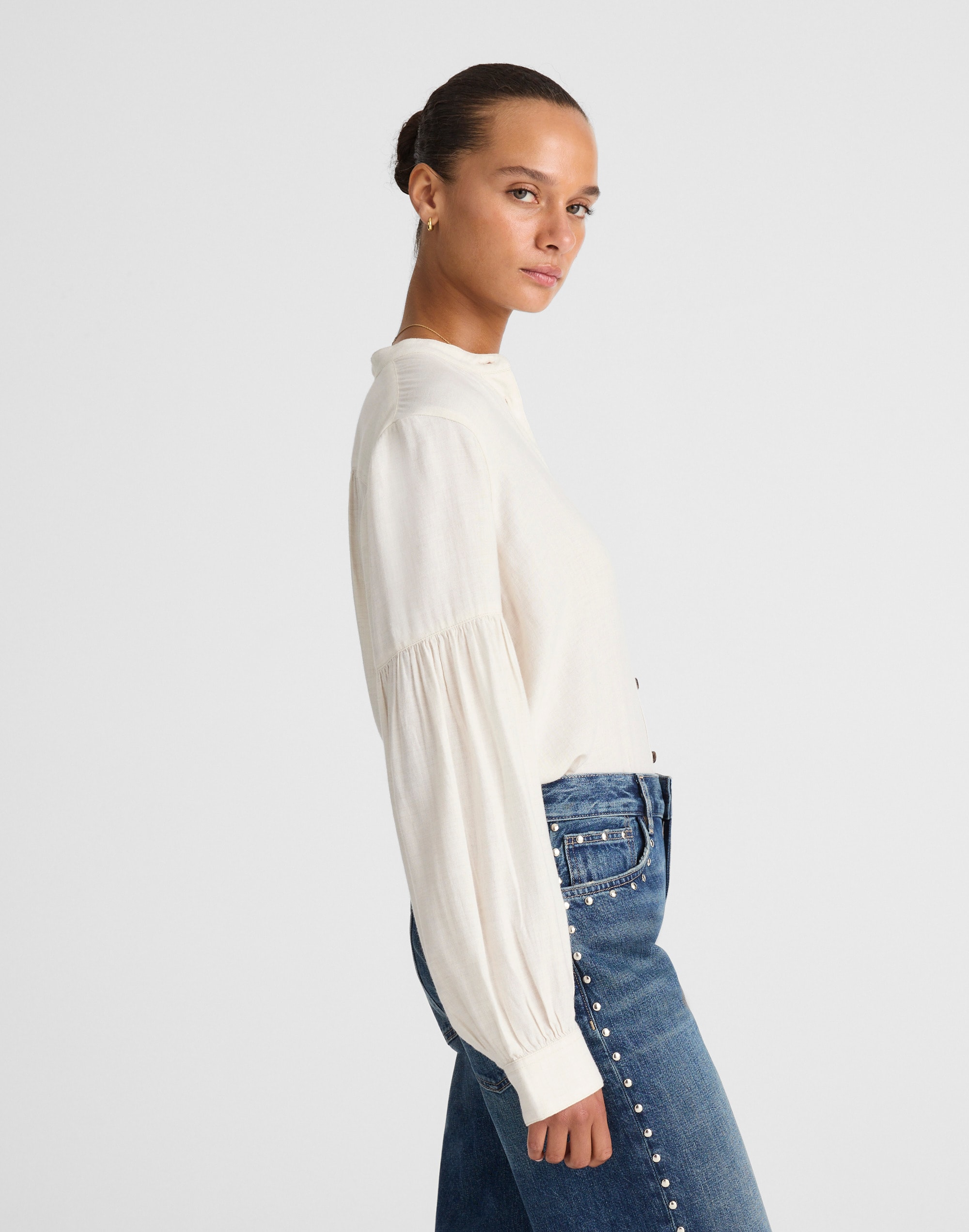 Stand-Collar Button-Up Shirt in Flannel