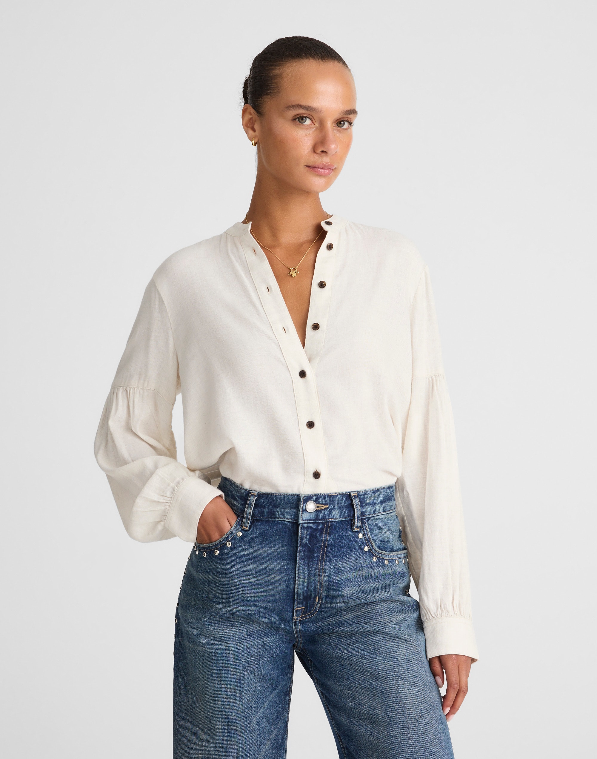 Stand-Collar Button-Up Shirt in Flannel