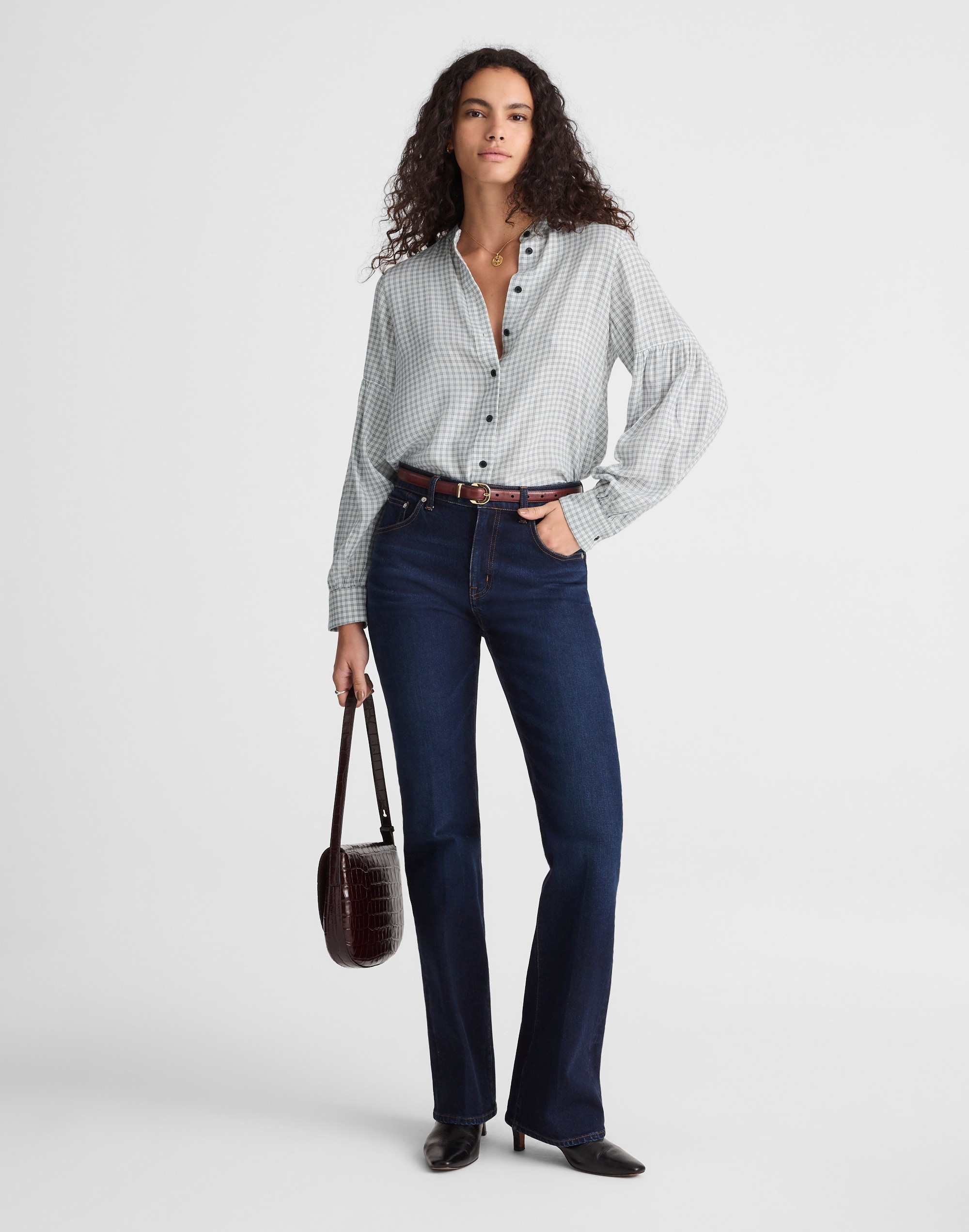 Stand-Collar Button-Up Shirt in Flannel