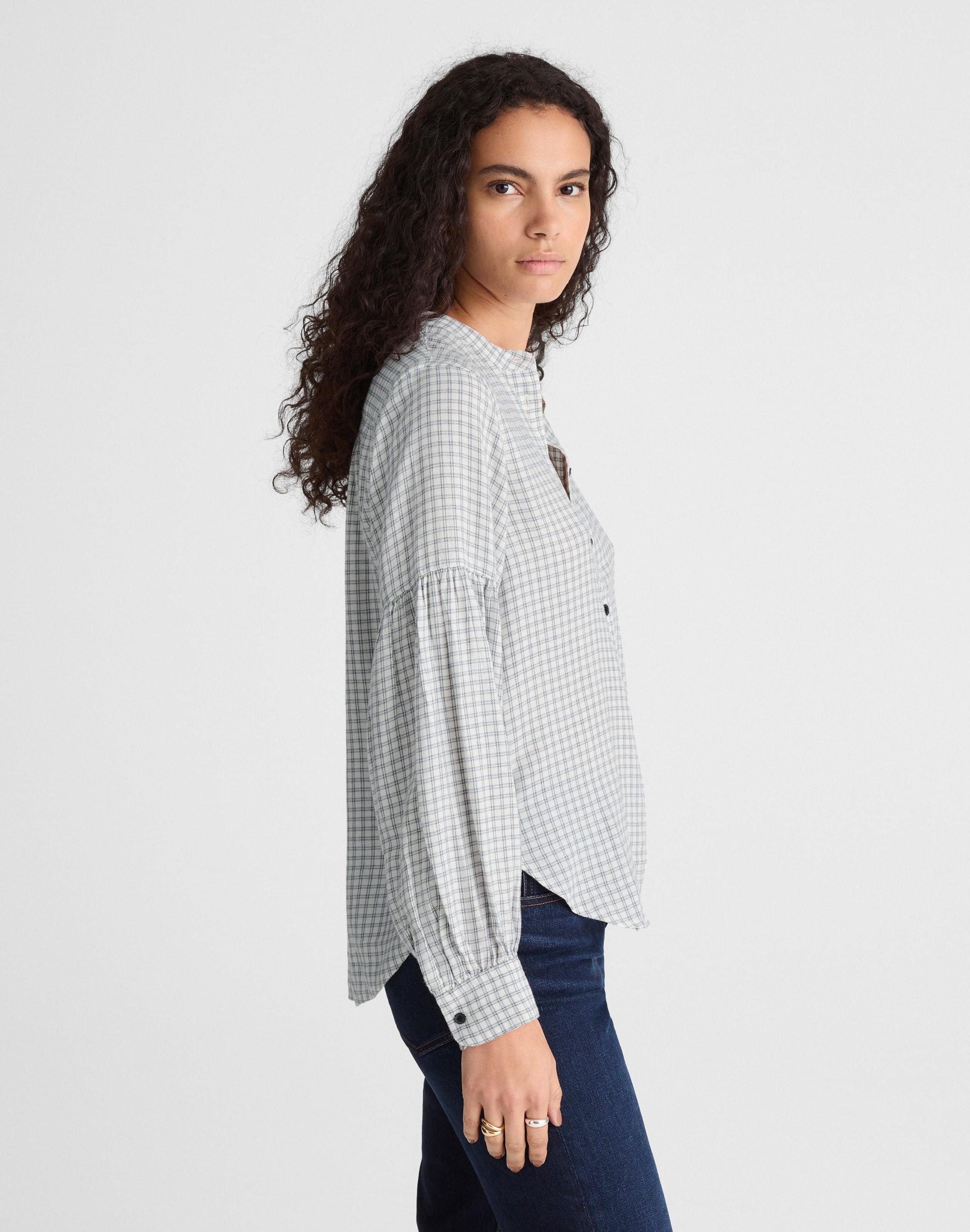 Stand-Collar Button-Up Shirt in Flannel