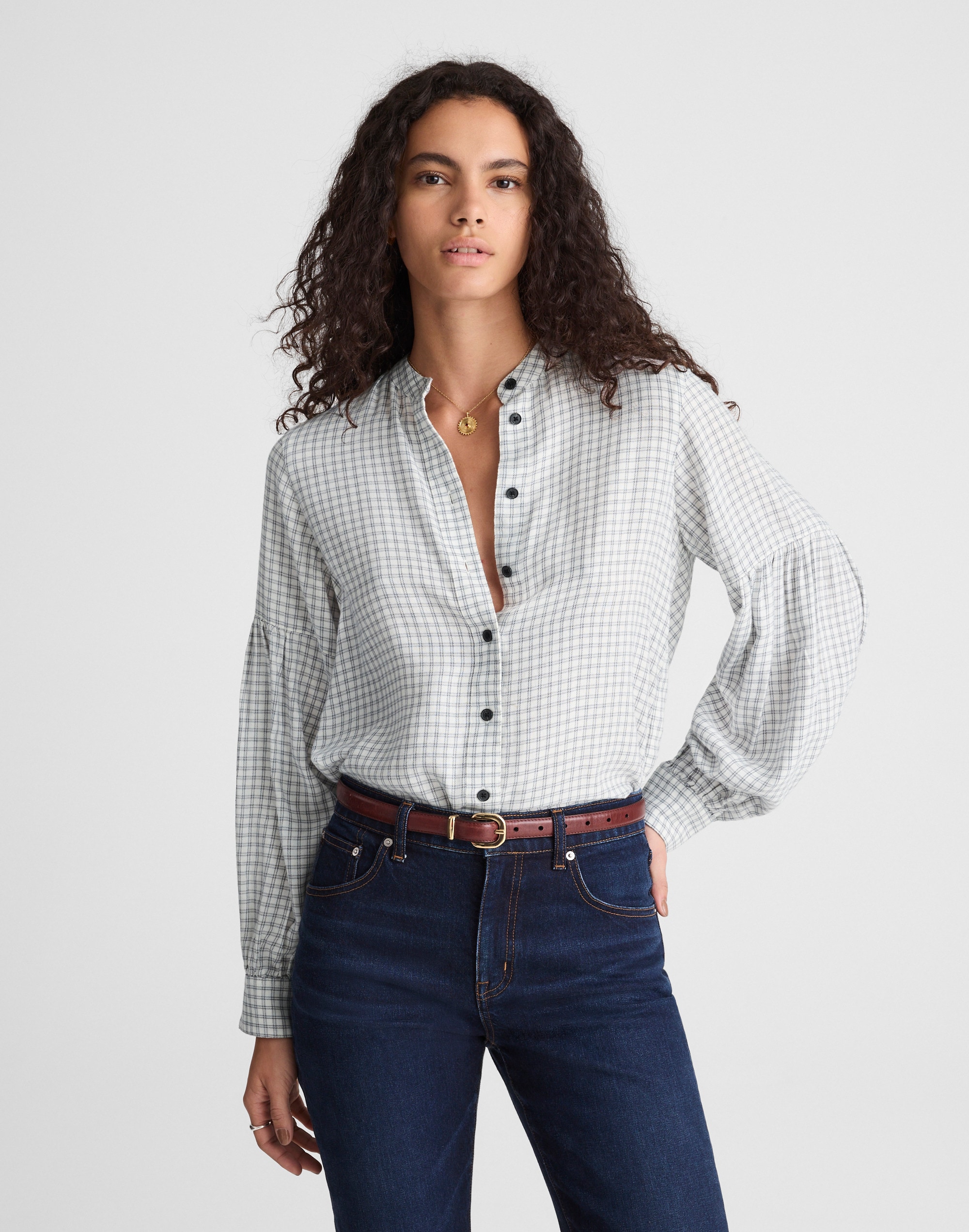 Stand-Collar Button-Up Shirt in Flannel