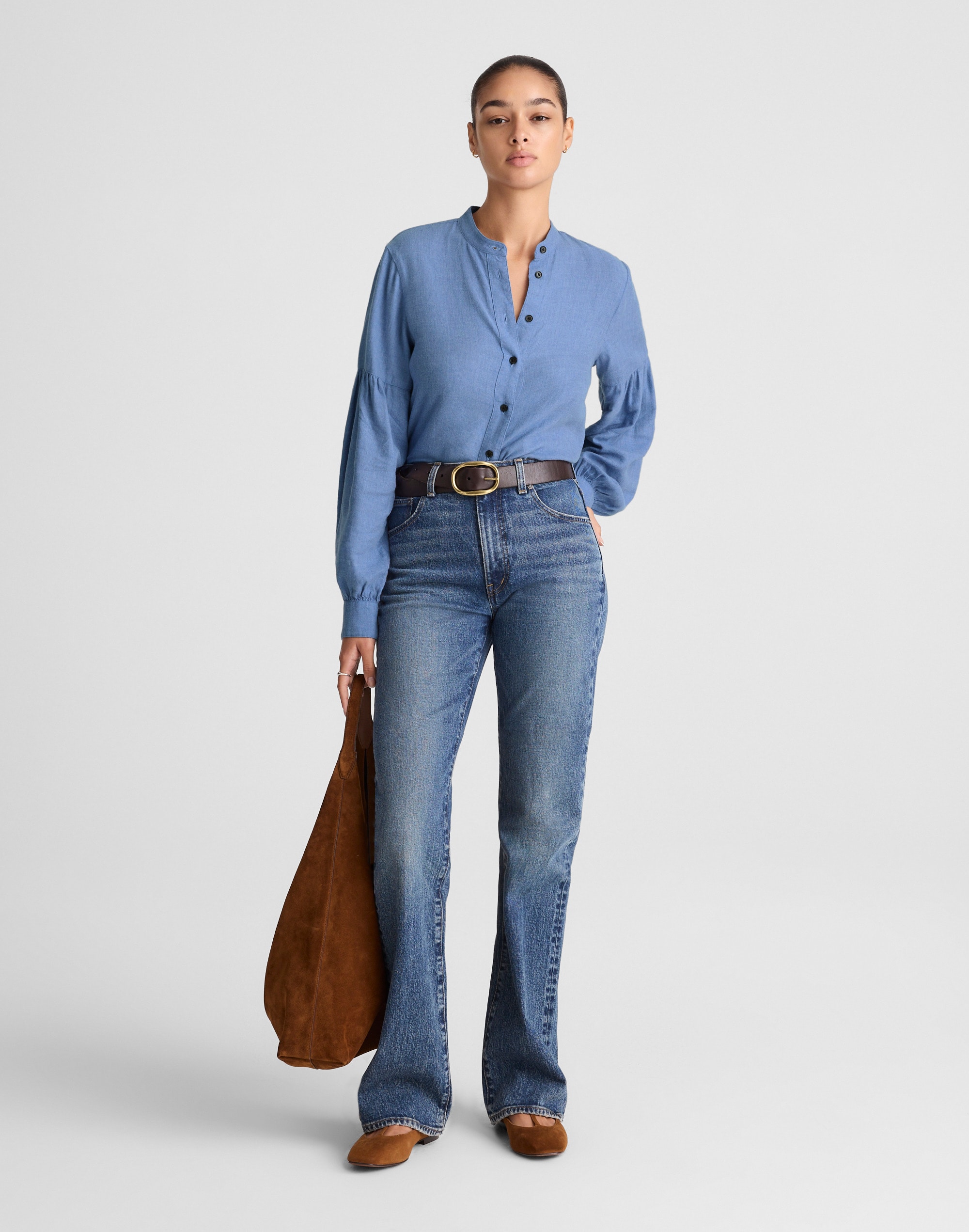 Stand-Collar Button-Up Shirt Flannel