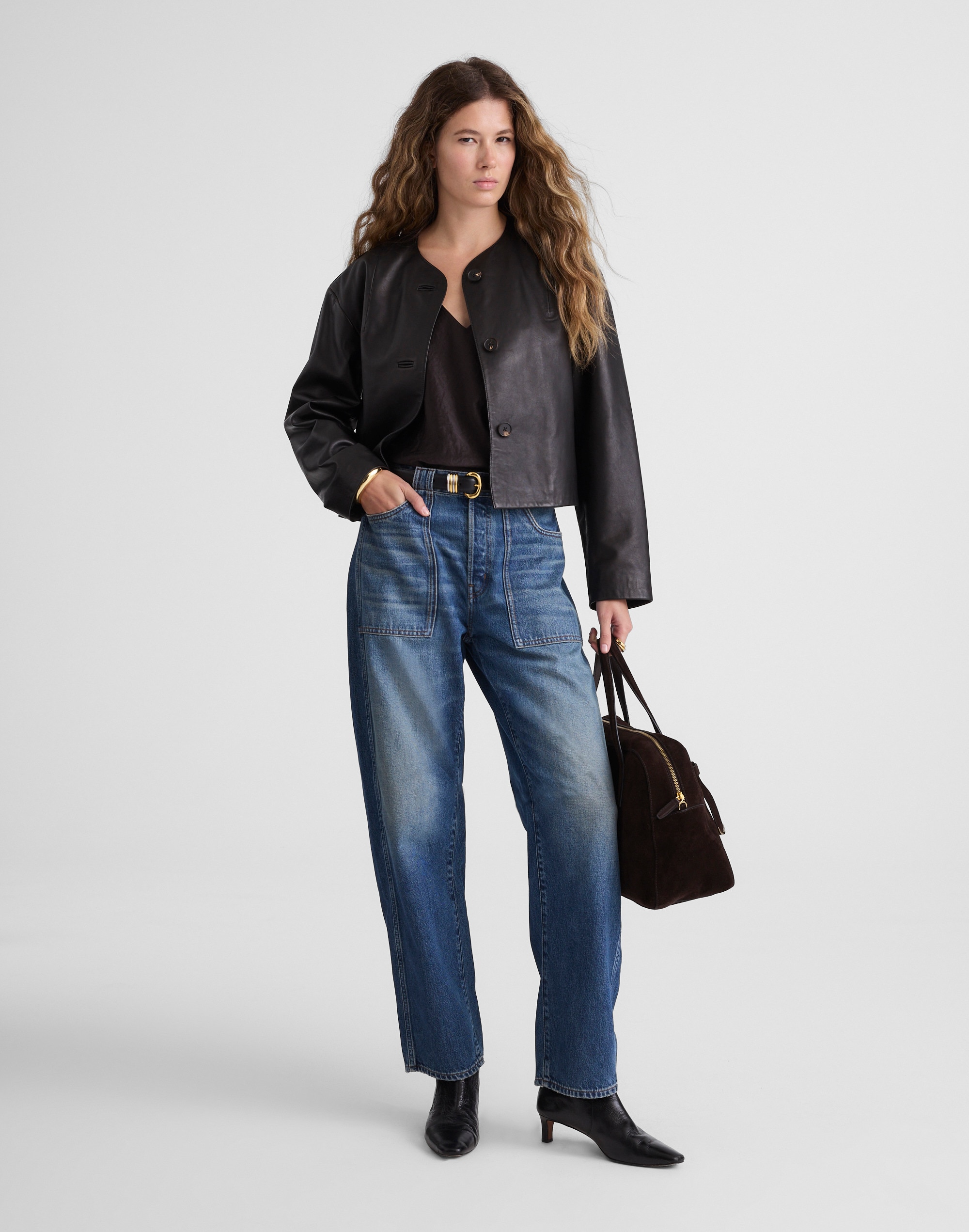 Crop Cardigan Jacket in Leather