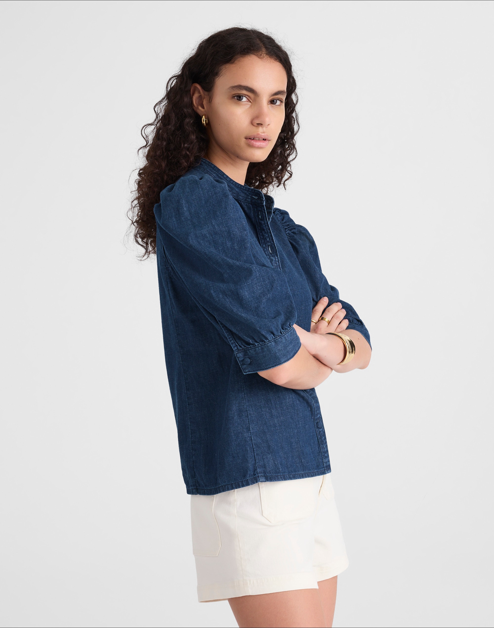 Denim Puff-Sleeve Band-Collar Shirt