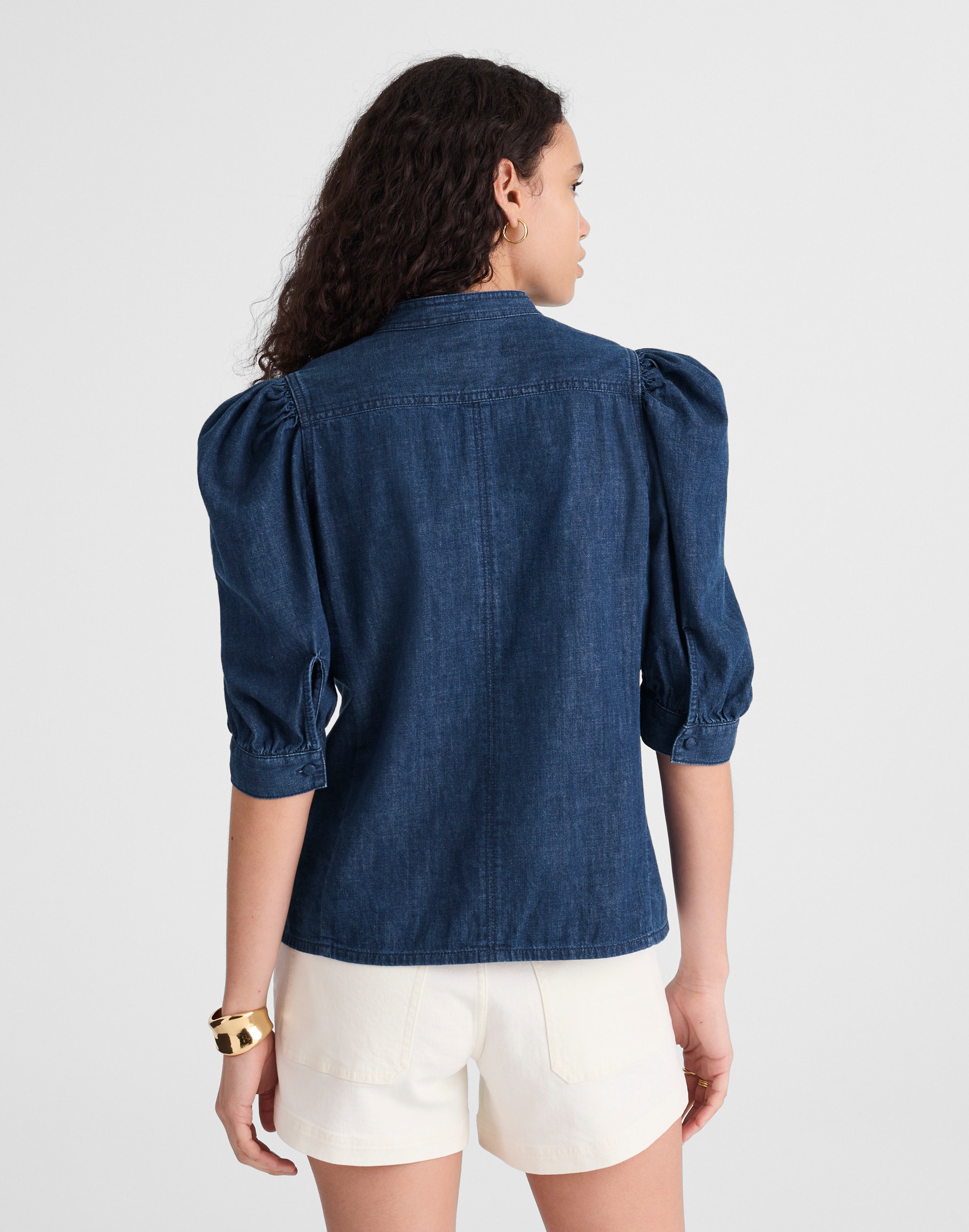 Denim Puff-Sleeve Band-Collar Shirt
