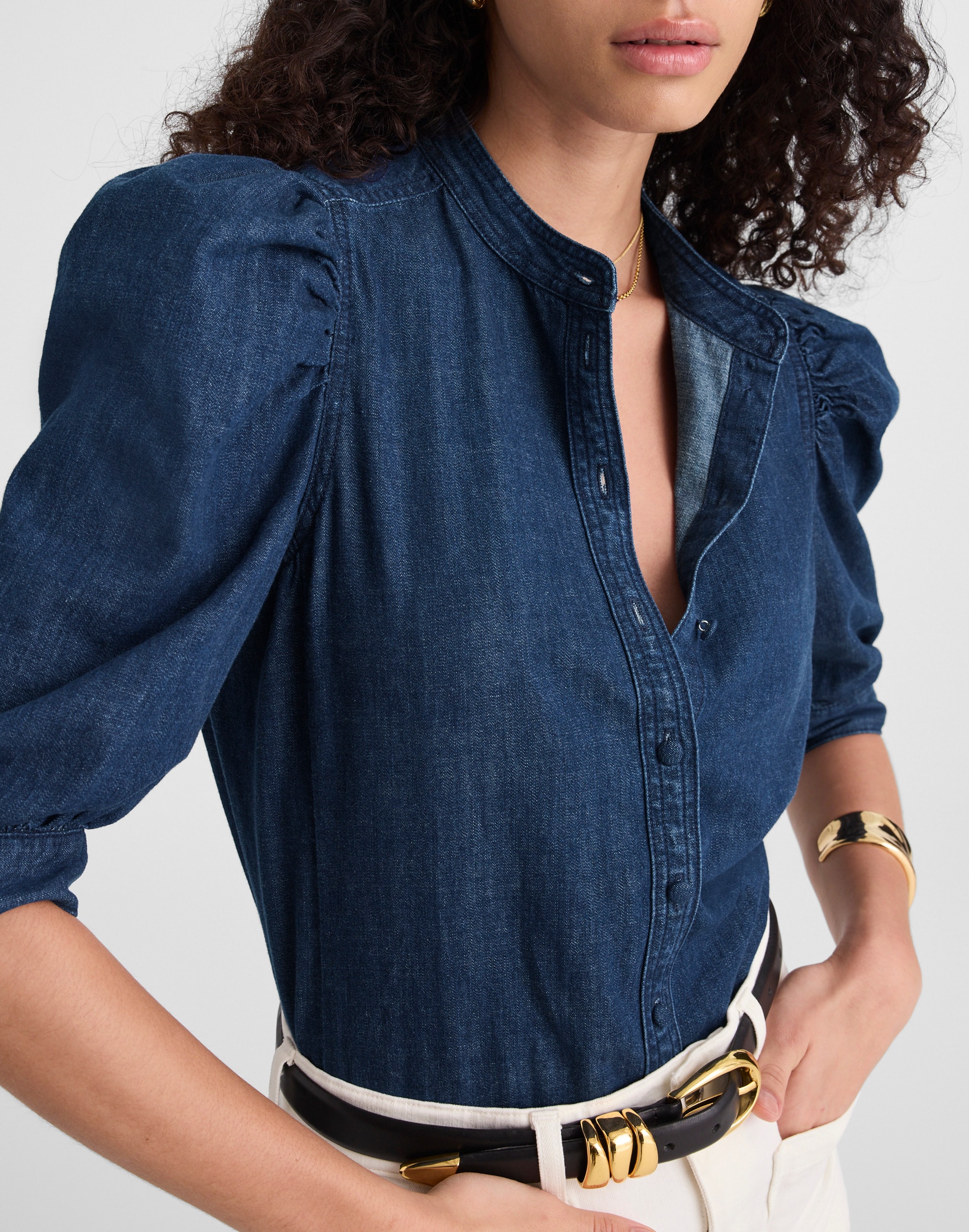 Denim Puff-Sleeve Band-Collar Shirt