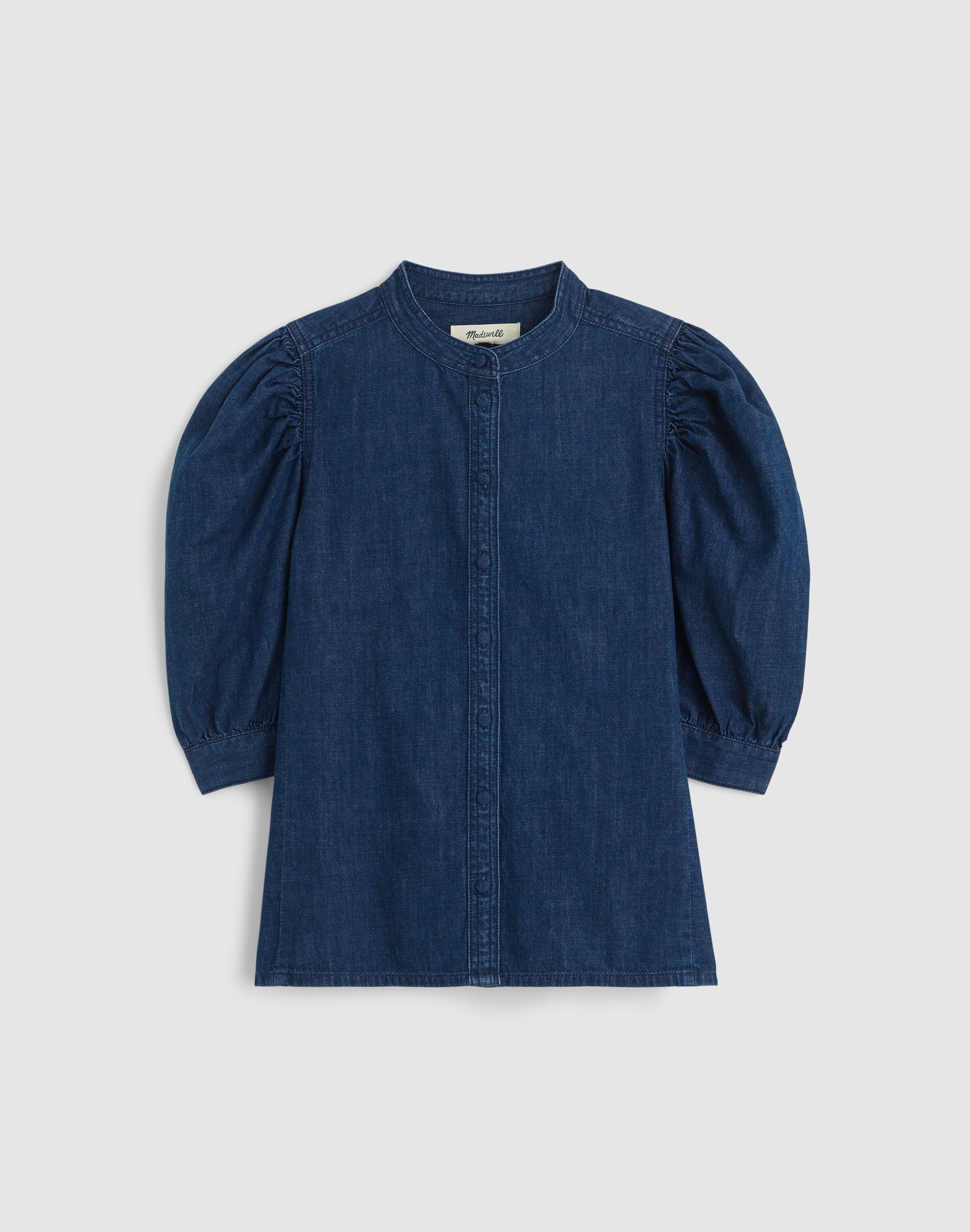 Denim Puff-Sleeve Band-Collar Shirt
