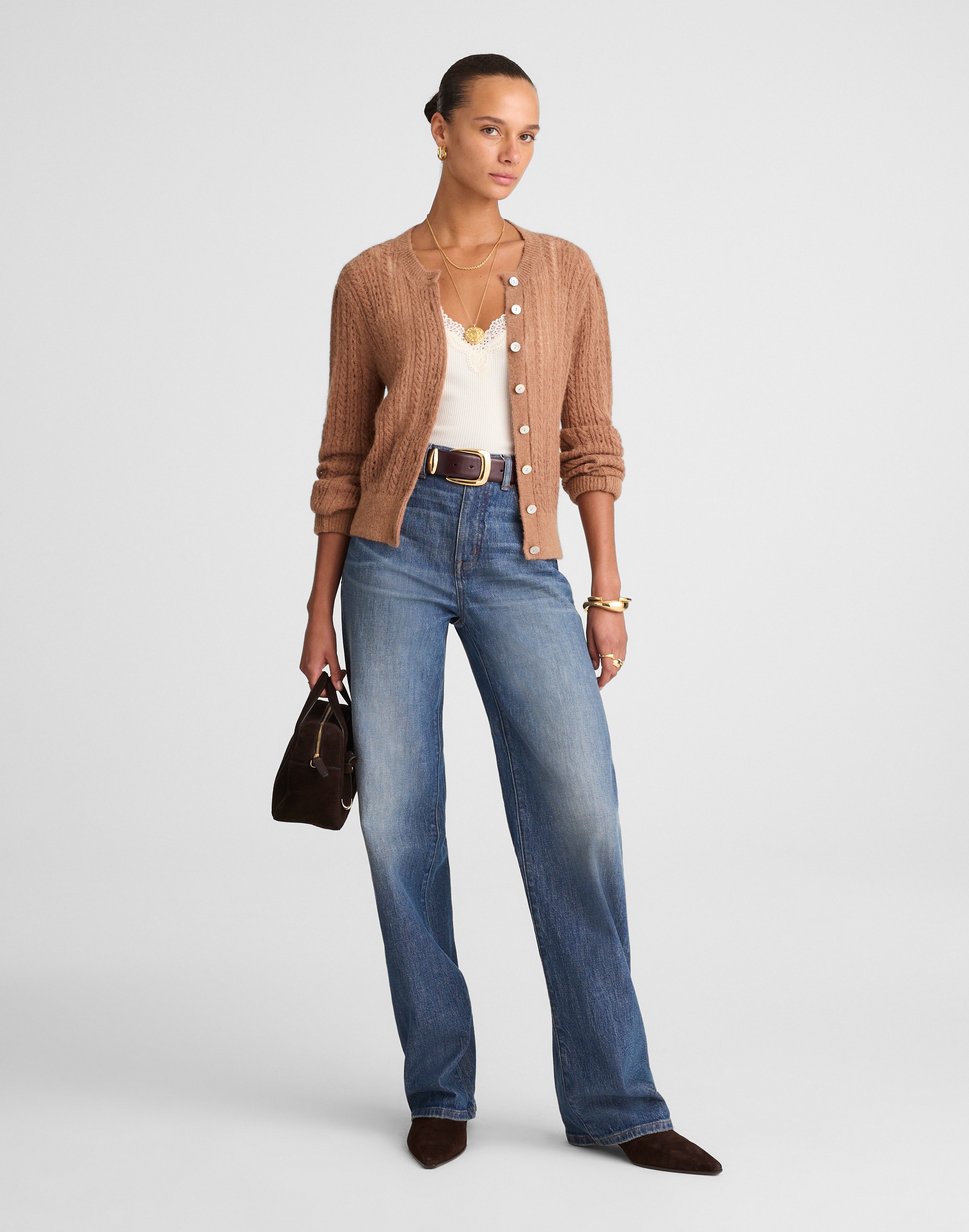 Pointelle-Stitch Cardigan in Alpaca Blend