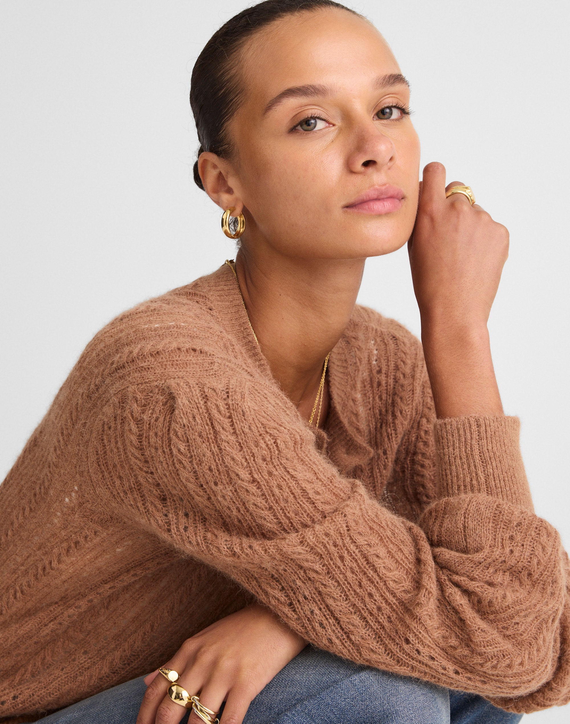 Pointelle-Stitch Cardigan in Alpaca Blend