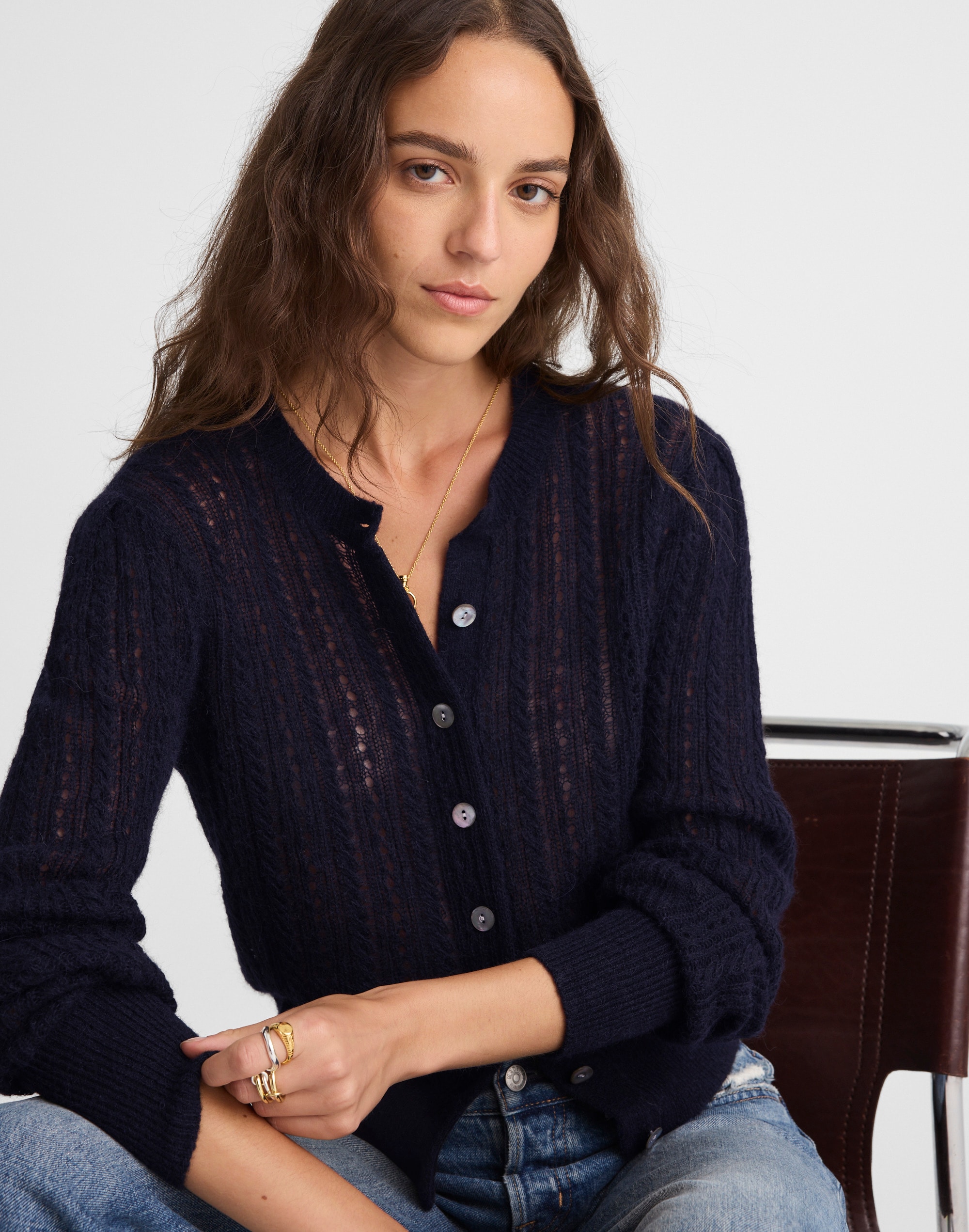Pointelle-Stitch Cardigan in Alpaca Blend