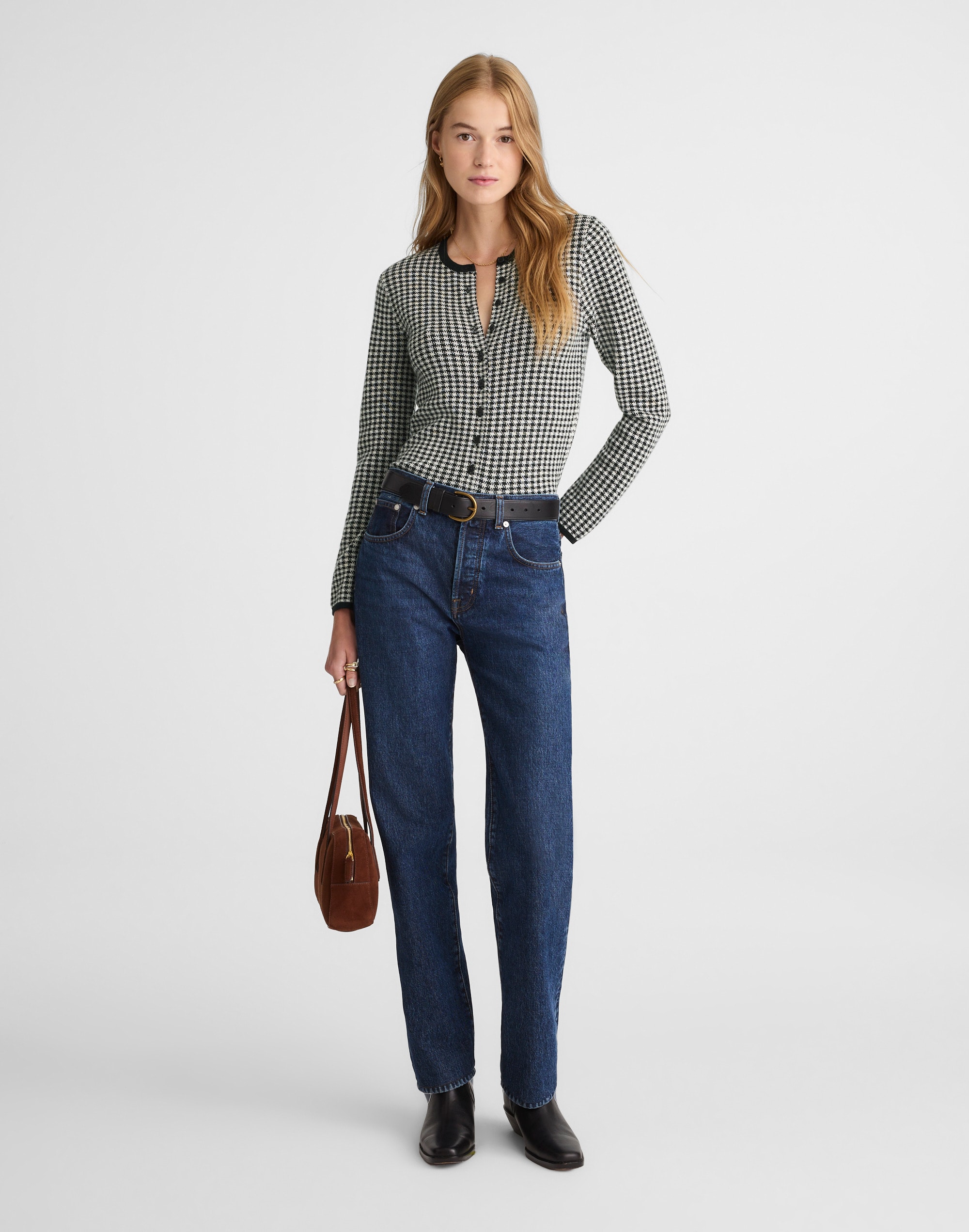 Houndstooth Crewneck Cardigan in 100% Merino Wool