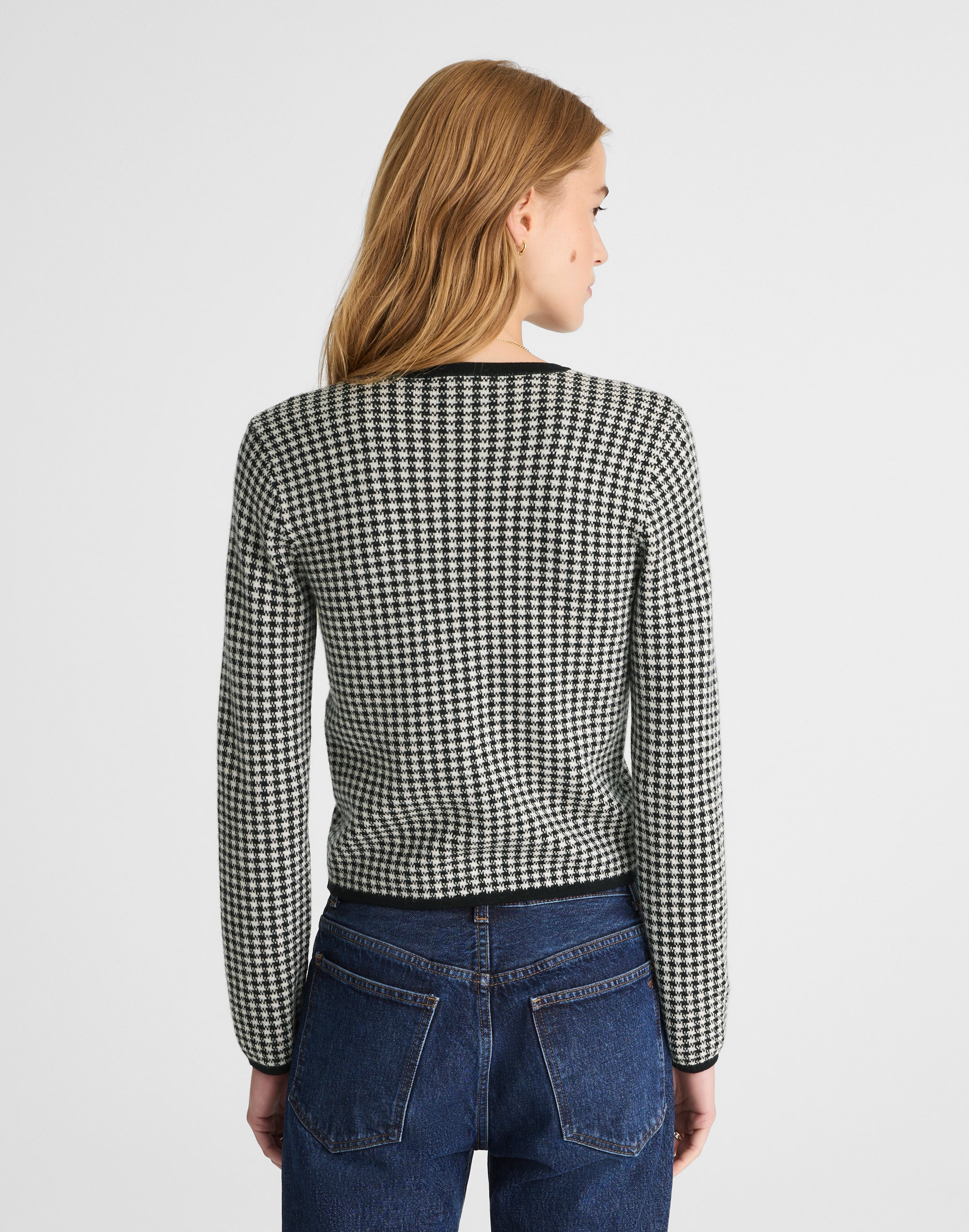 Houndstooth Crewneck Cardigan in 100% Merino Wool