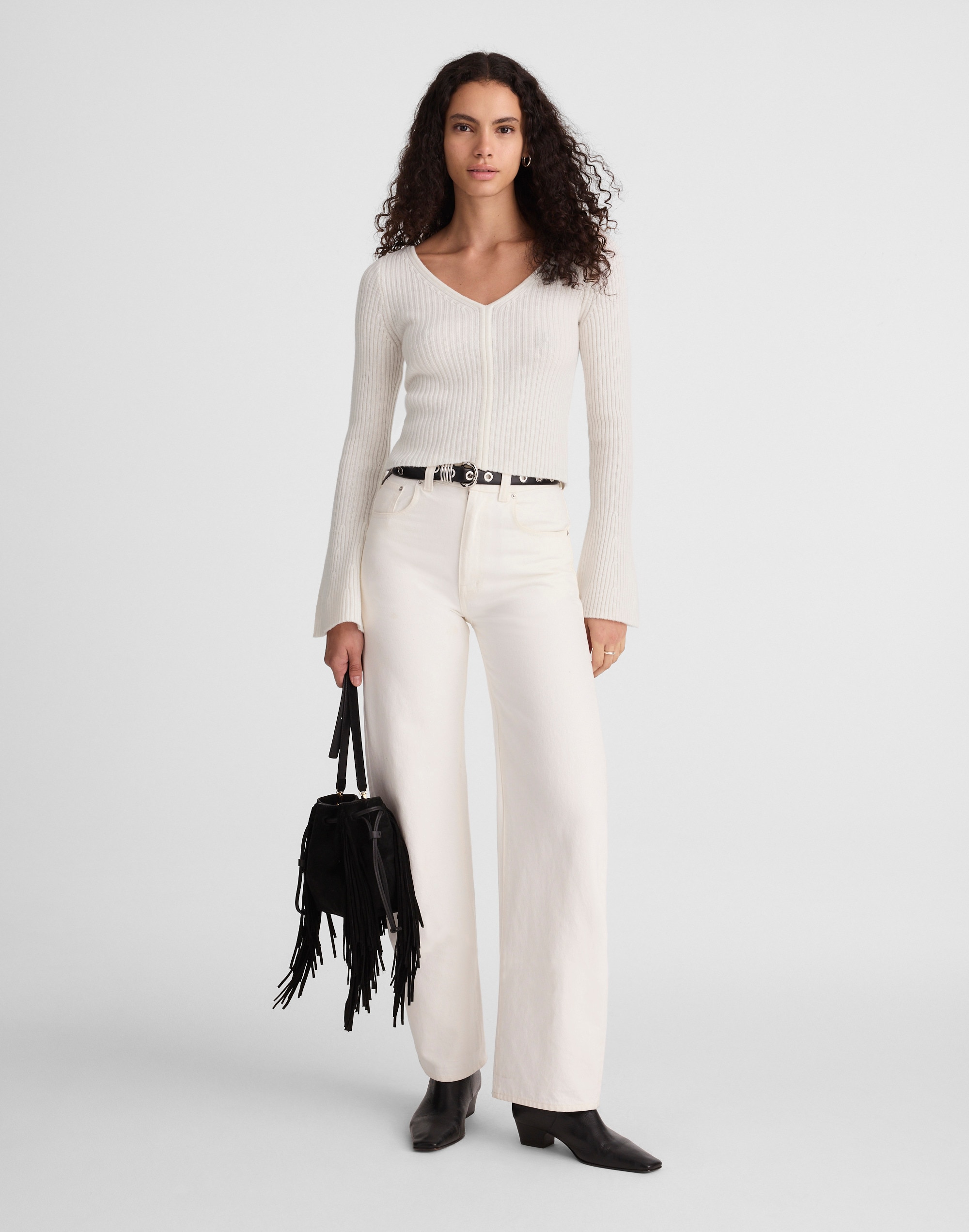 Ribbed V-Neck Sweater Top in Merino Wool