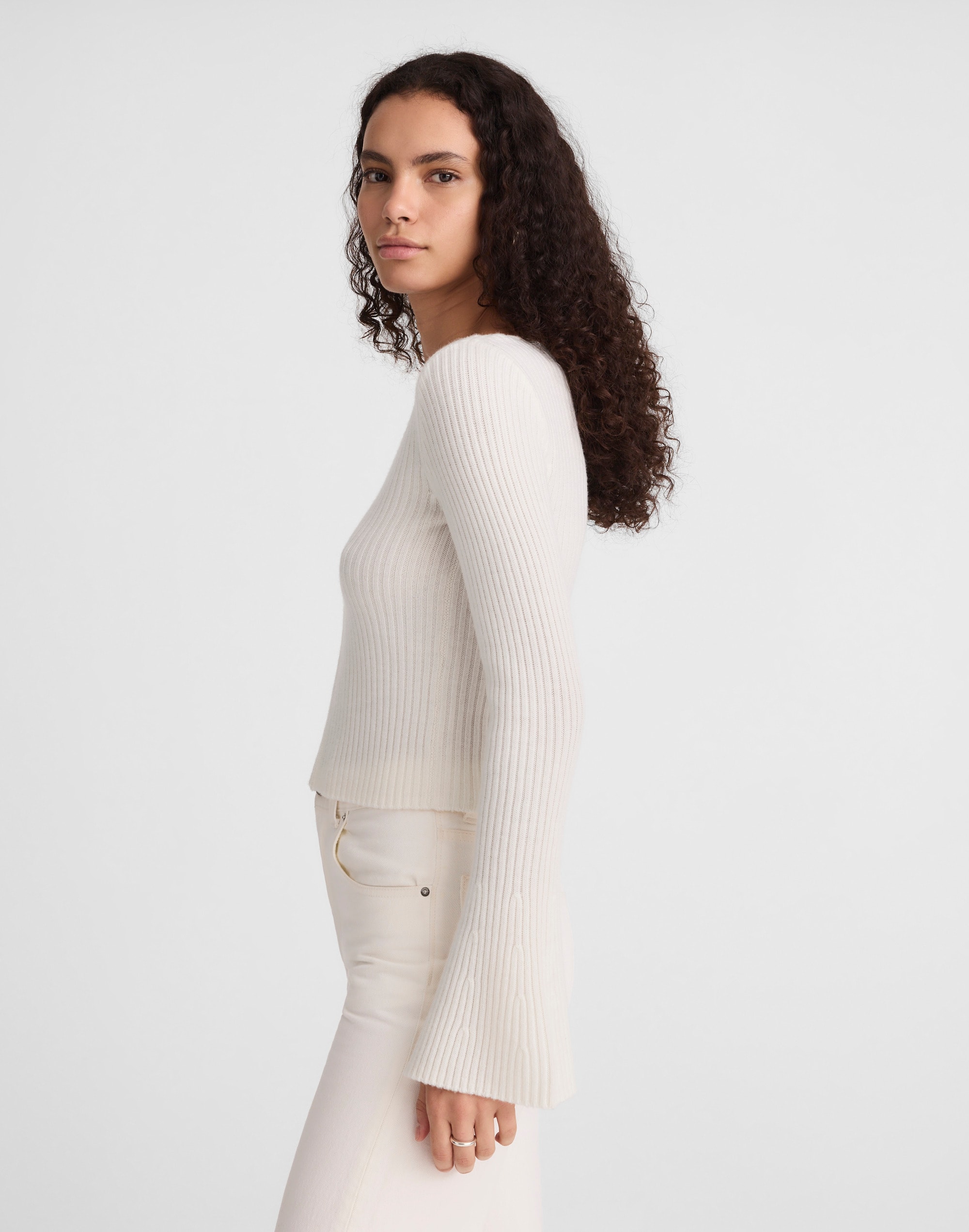Ribbed V-Neck Sweater Top in Merino Wool