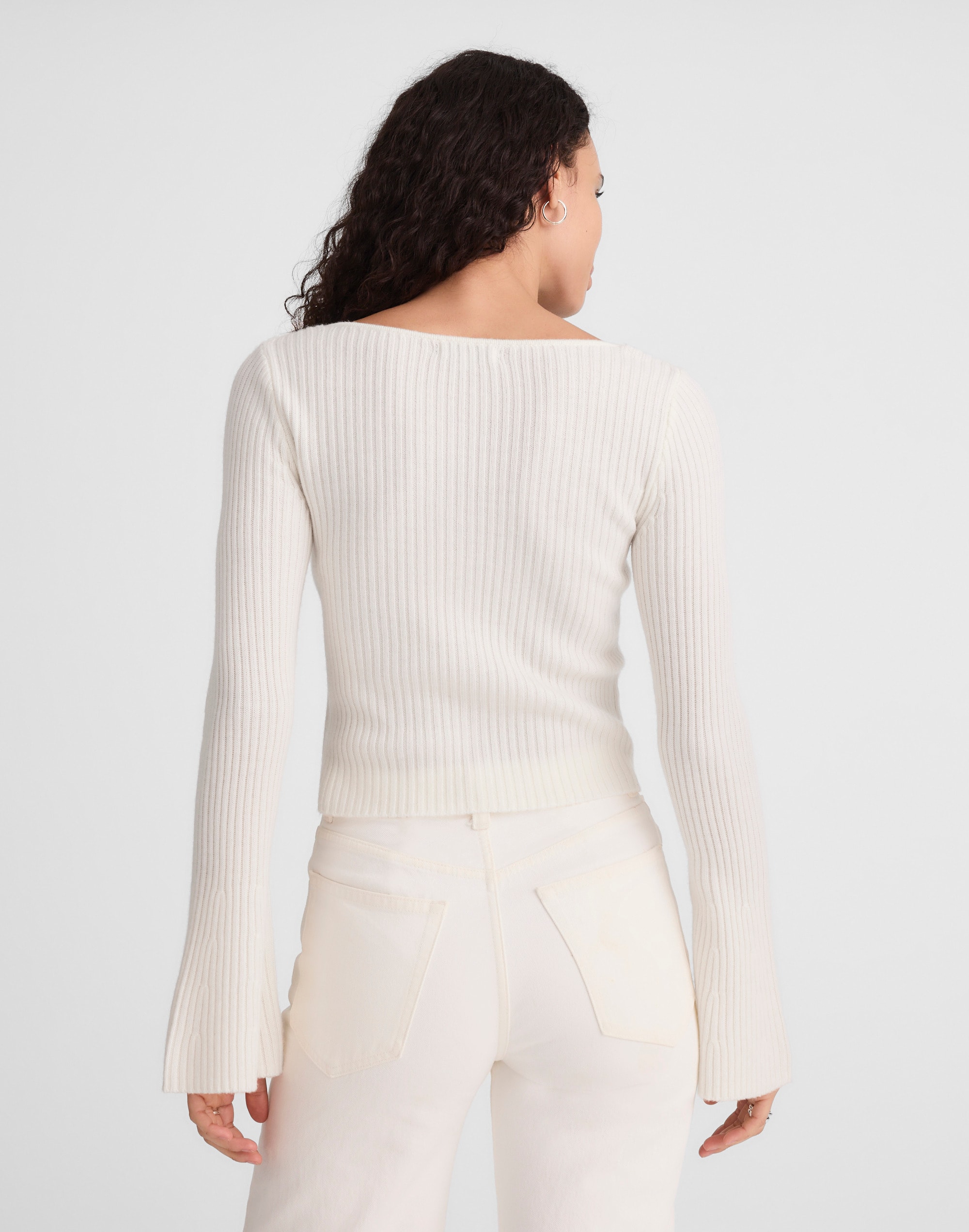 Ribbed V-Neck Sweater Top in Merino Wool