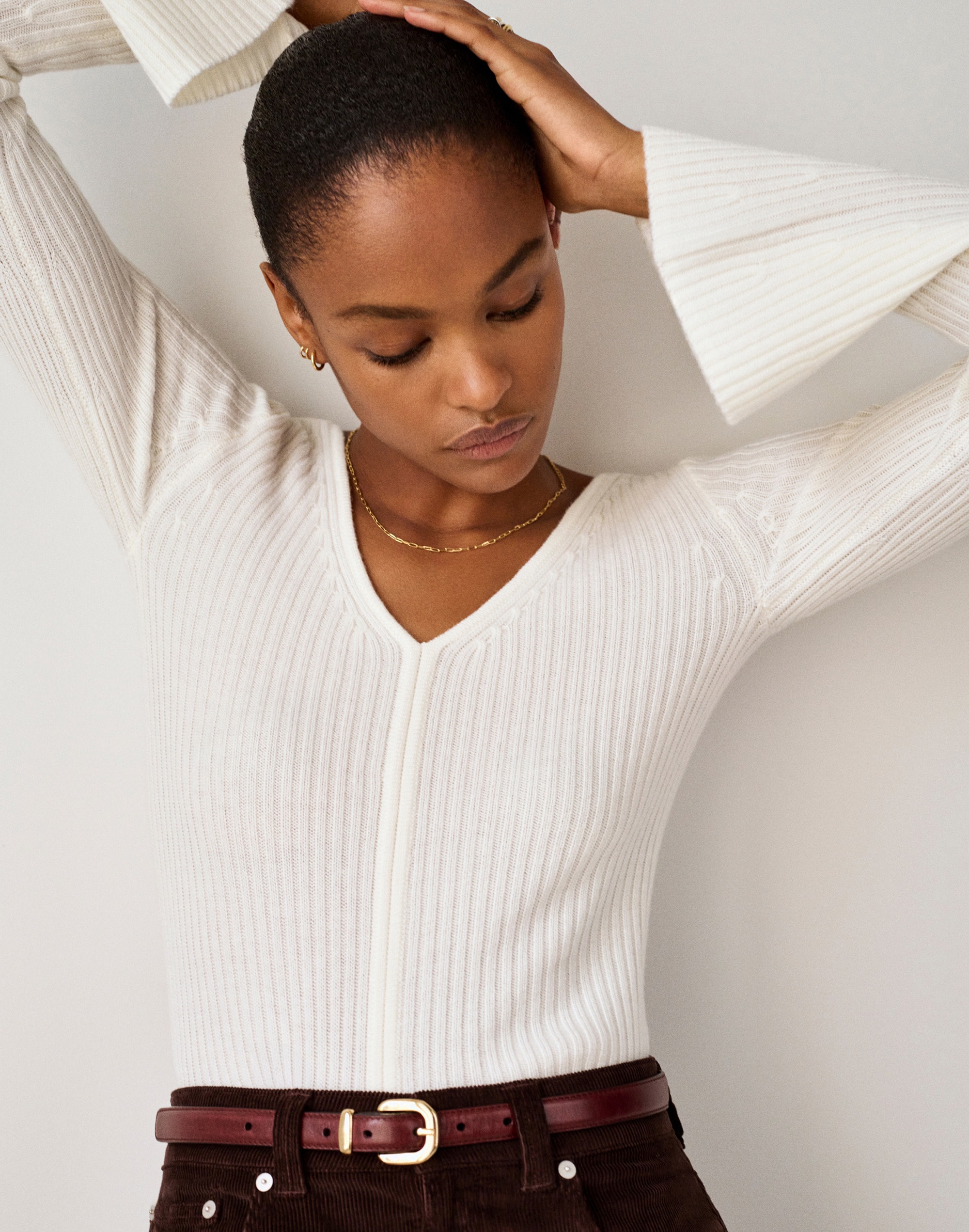 Ribbed V-Neck Sweater Top in Merino Wool