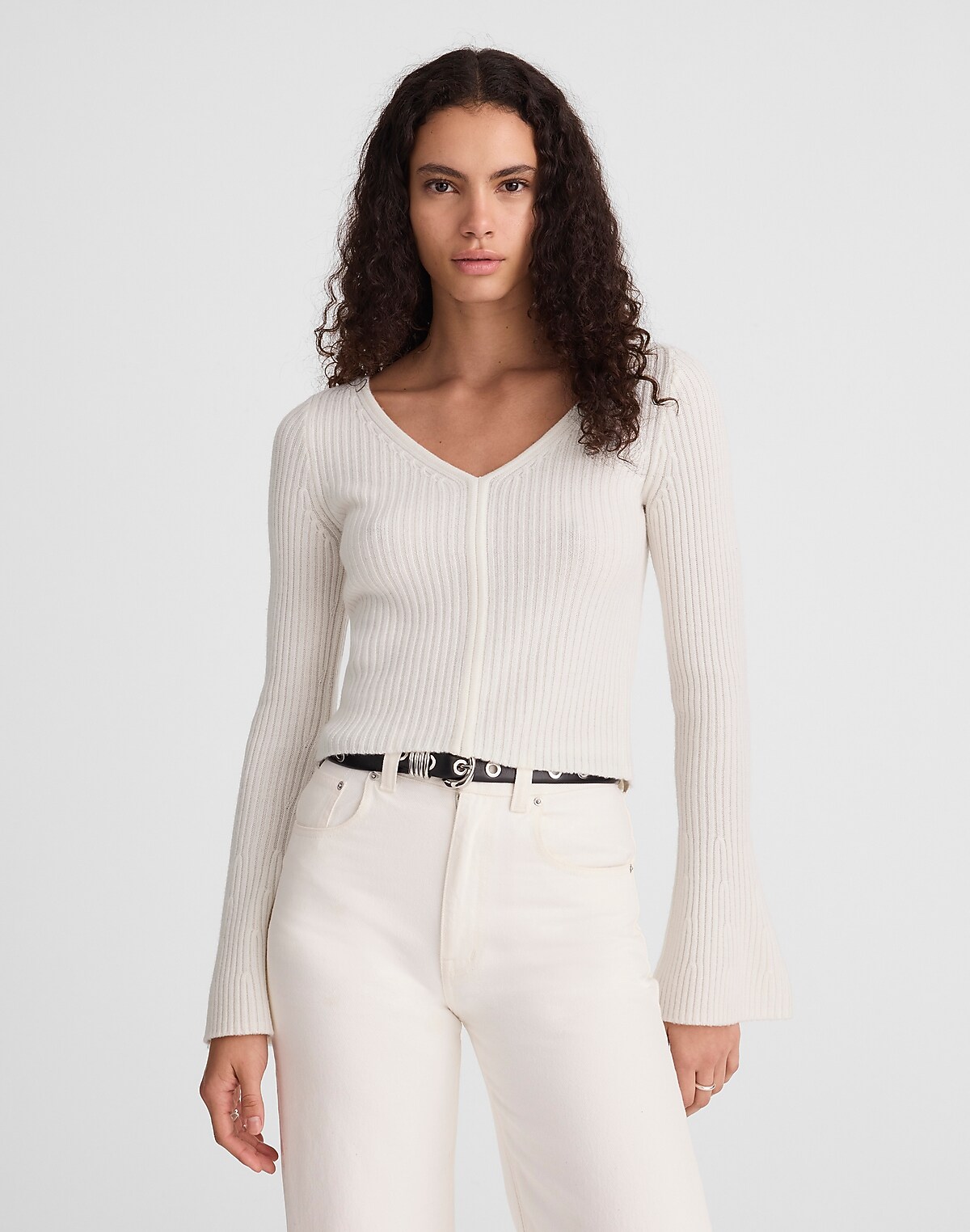 Ribbed V-Neck Sweater Top in Merino Wool