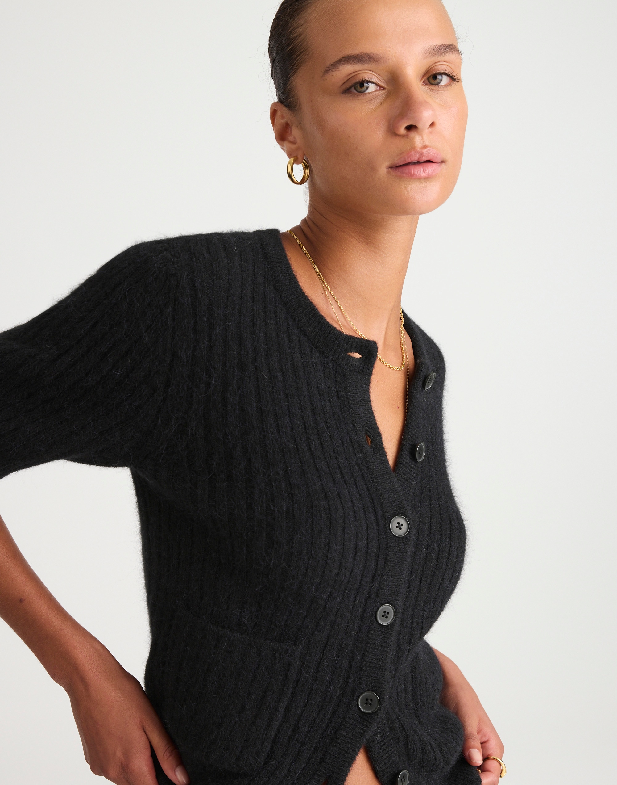 Patch-Pocket Puff-Sleeve Cardigan