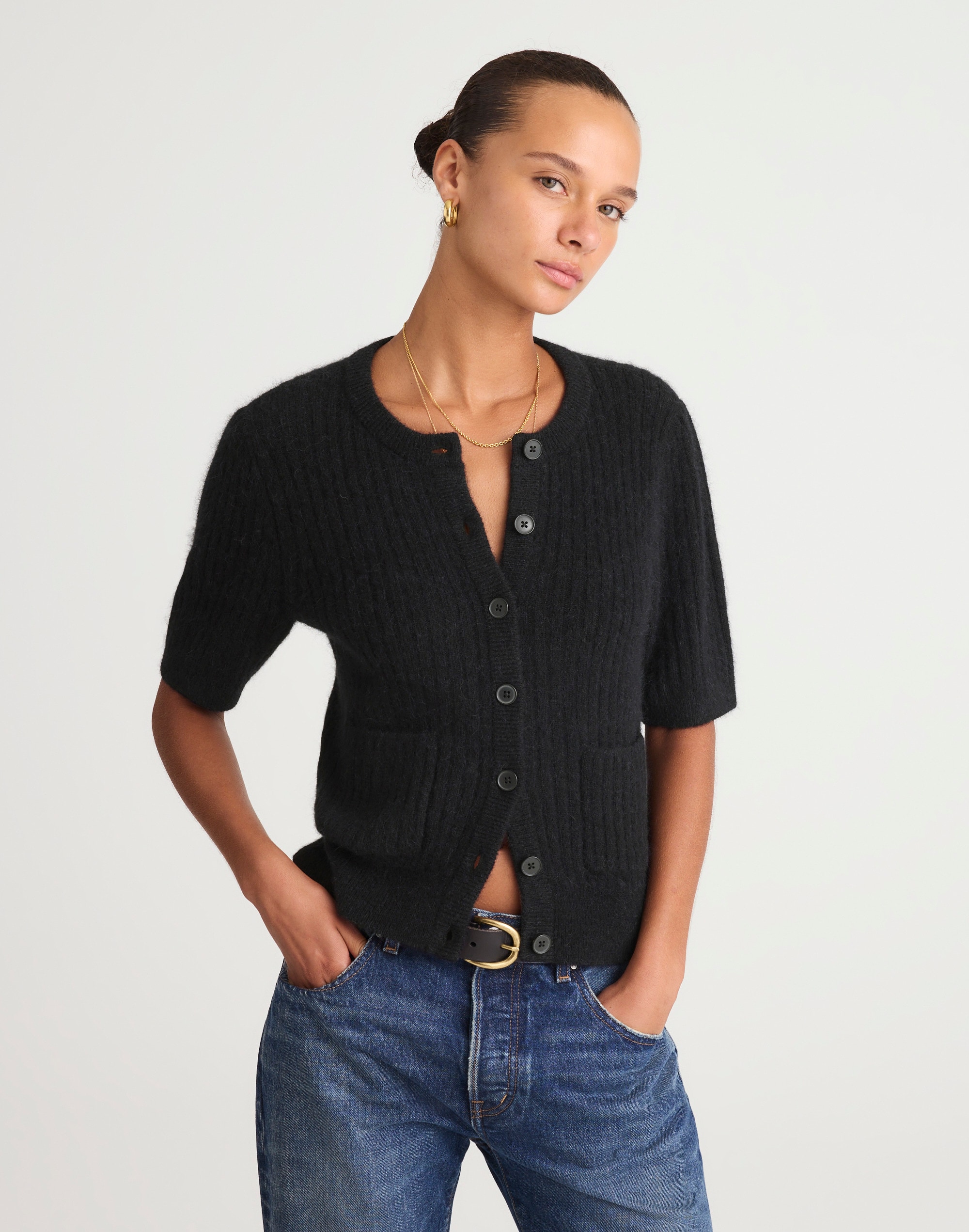 Patch-Pocket Puff-Sleeve Cardigan