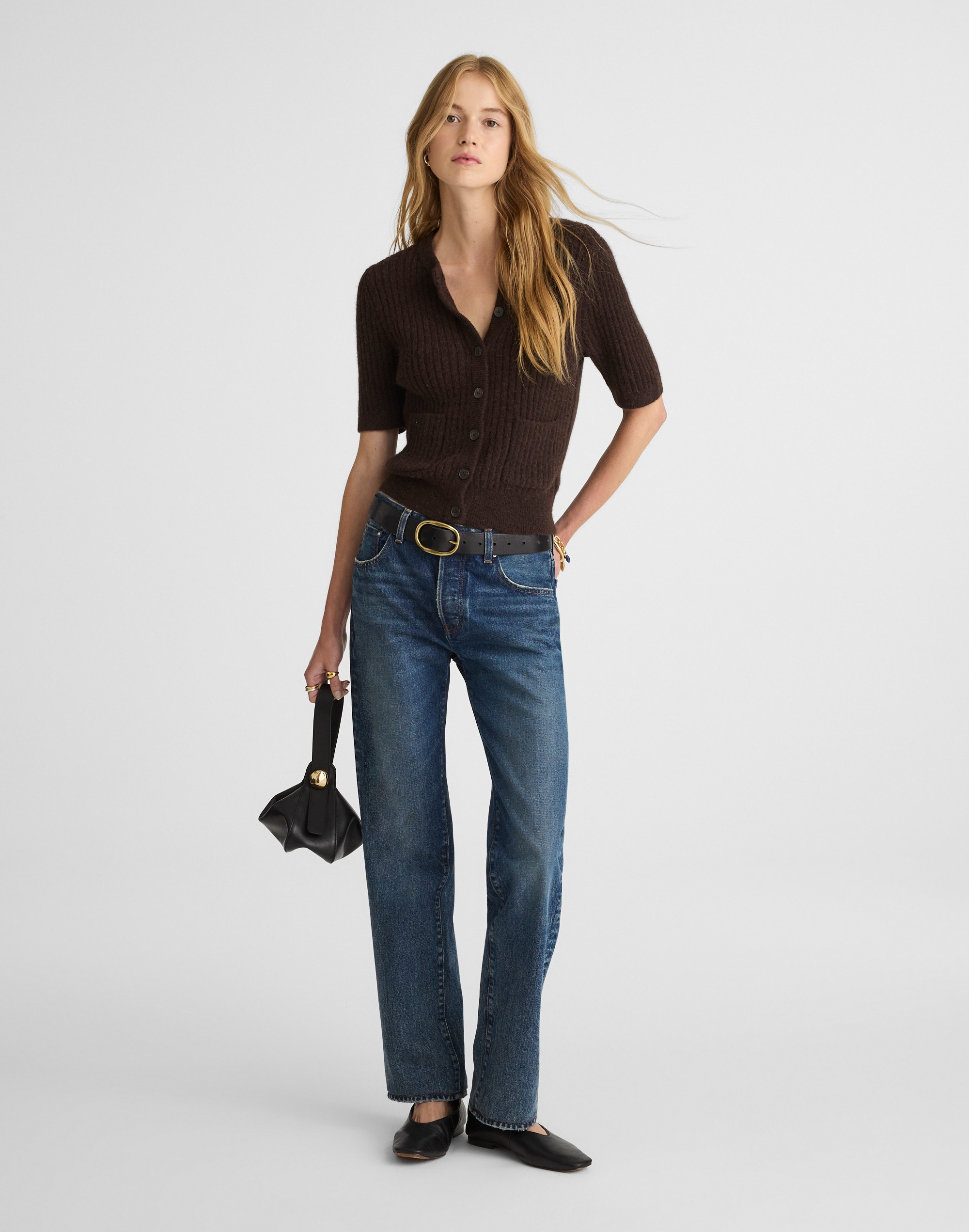 Patch-Pocket Puff-Sleeve Cardigan